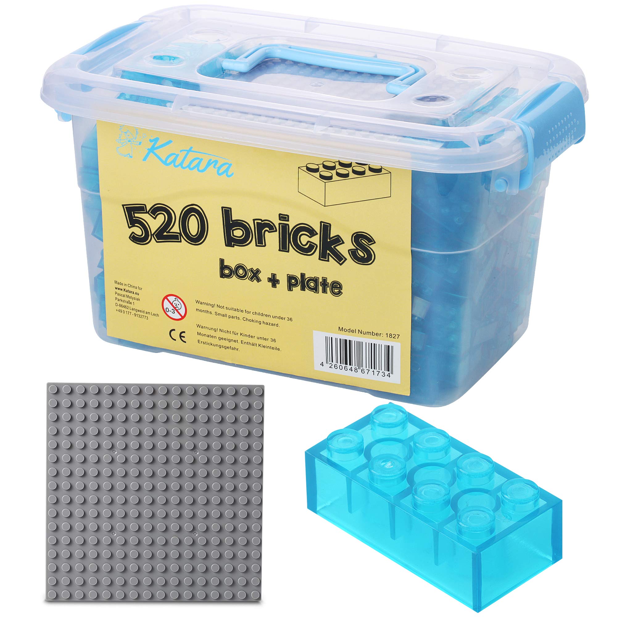 Katara Bloques de construcción - 520 Piezas, compatibles con Todos los demás Fabricantes - Incluyendo la Caja y la Placa Base, Azul Transparente