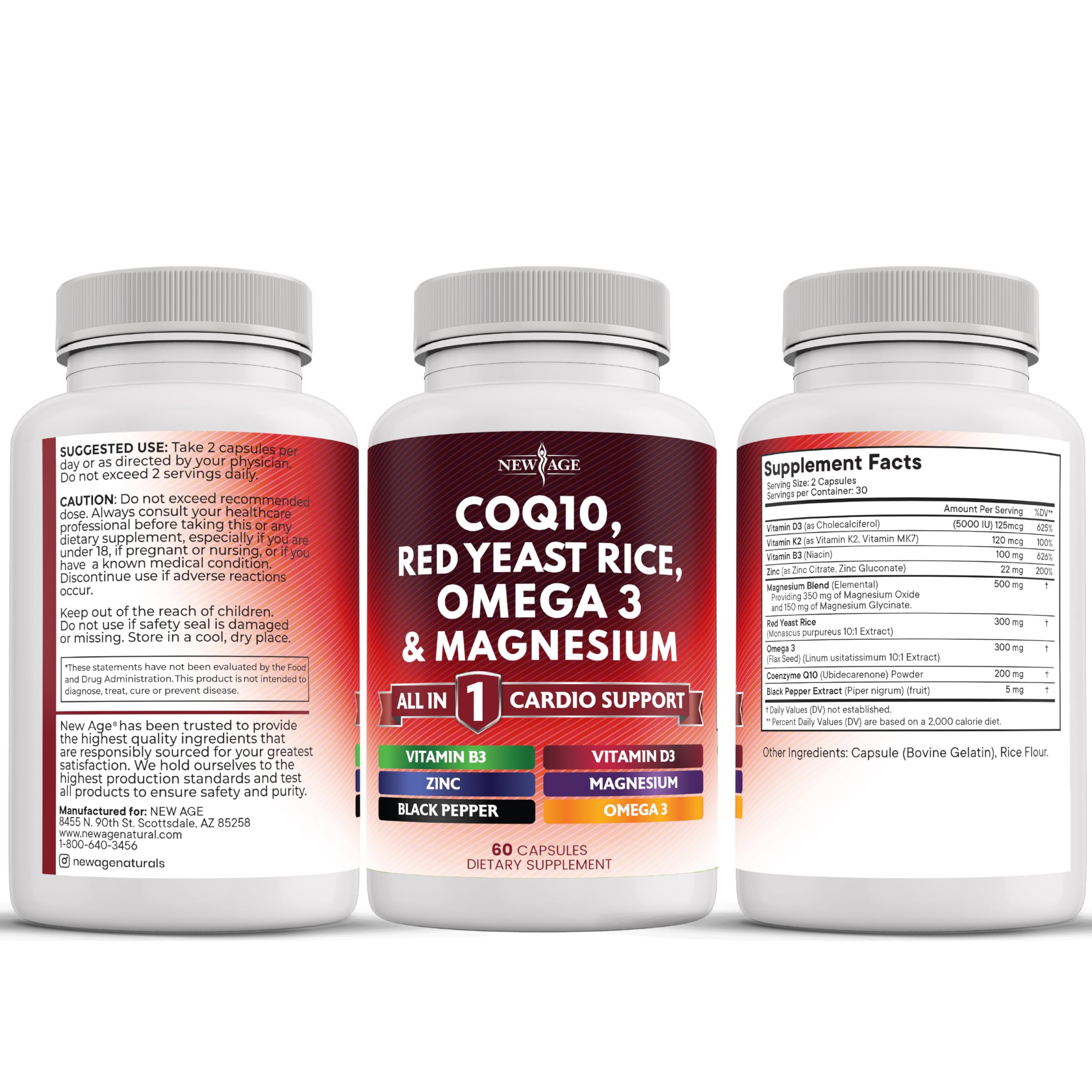 NEW AGE COQ10 200mg Red Yeast Rice 3000mg Omega 3-6-9 3000mg Magnesium Complex 500mg Niacin Zinc Vitamin K2 D3 - Heart Health Support Vitamins for Women and Men with Vitamin B3, Coenzyme Q10-120 Count — Amazon image 6