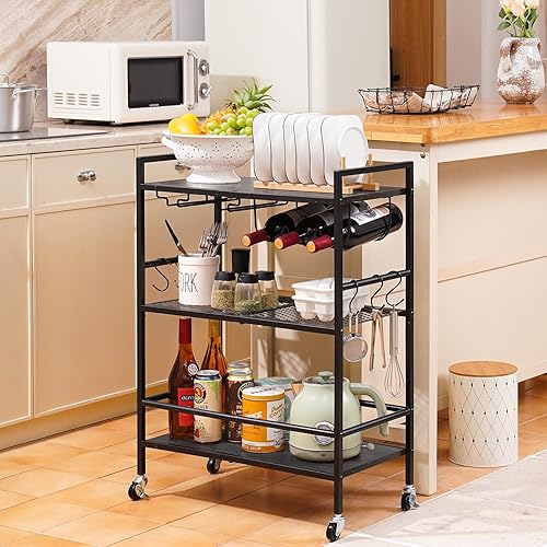 Miniatura 9 de Yoobure Carrito de bar con ruedas, carritos de bar para el hogar, carrito de cocina rodante de 3 niveles con estante para vino y soporte para