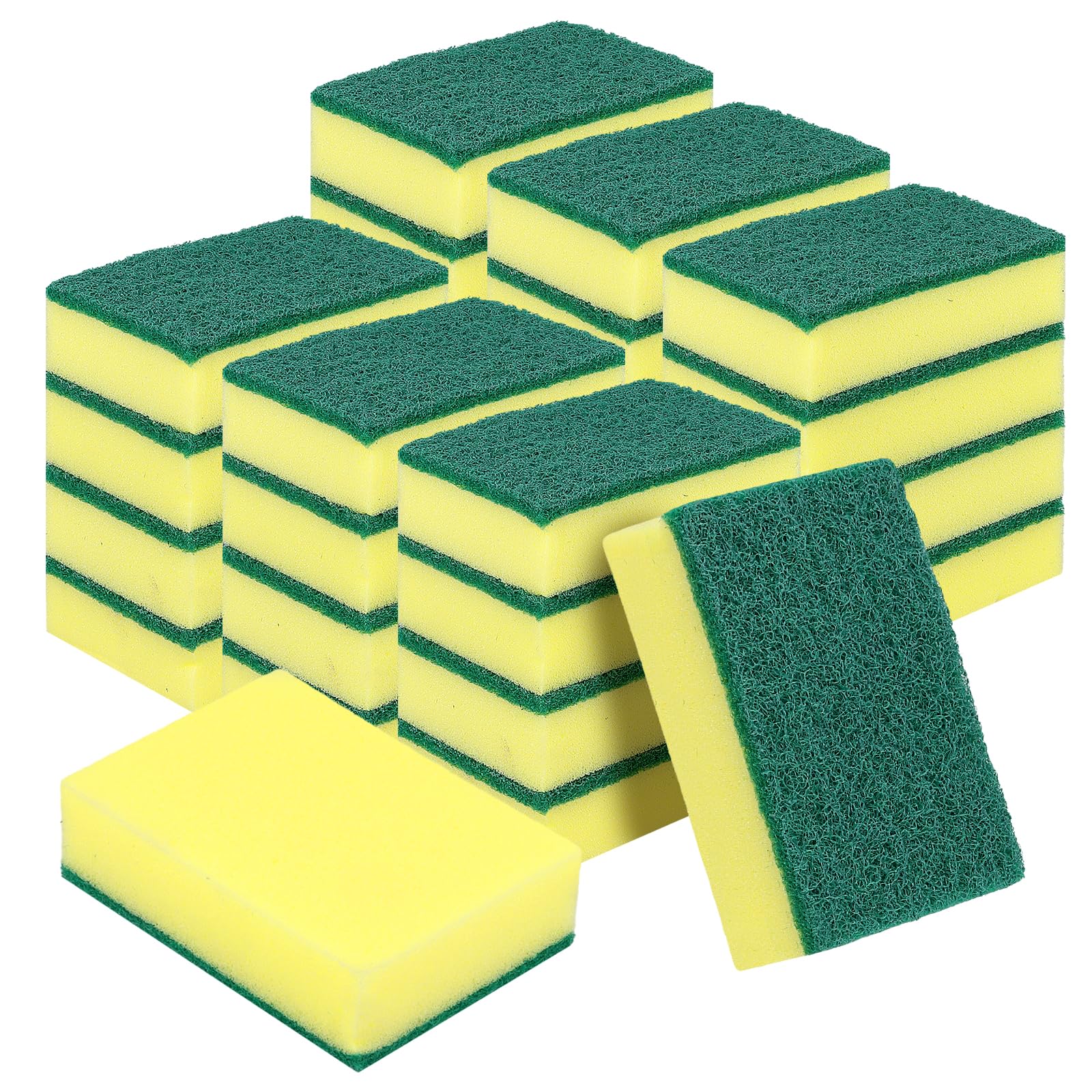 40 Spugne Cucina a Due Lati, 10 x 7 x 3 cm, Verde e Giallo, Spugnette Piatti e Pulizia Casa, Morbide e Abrasive