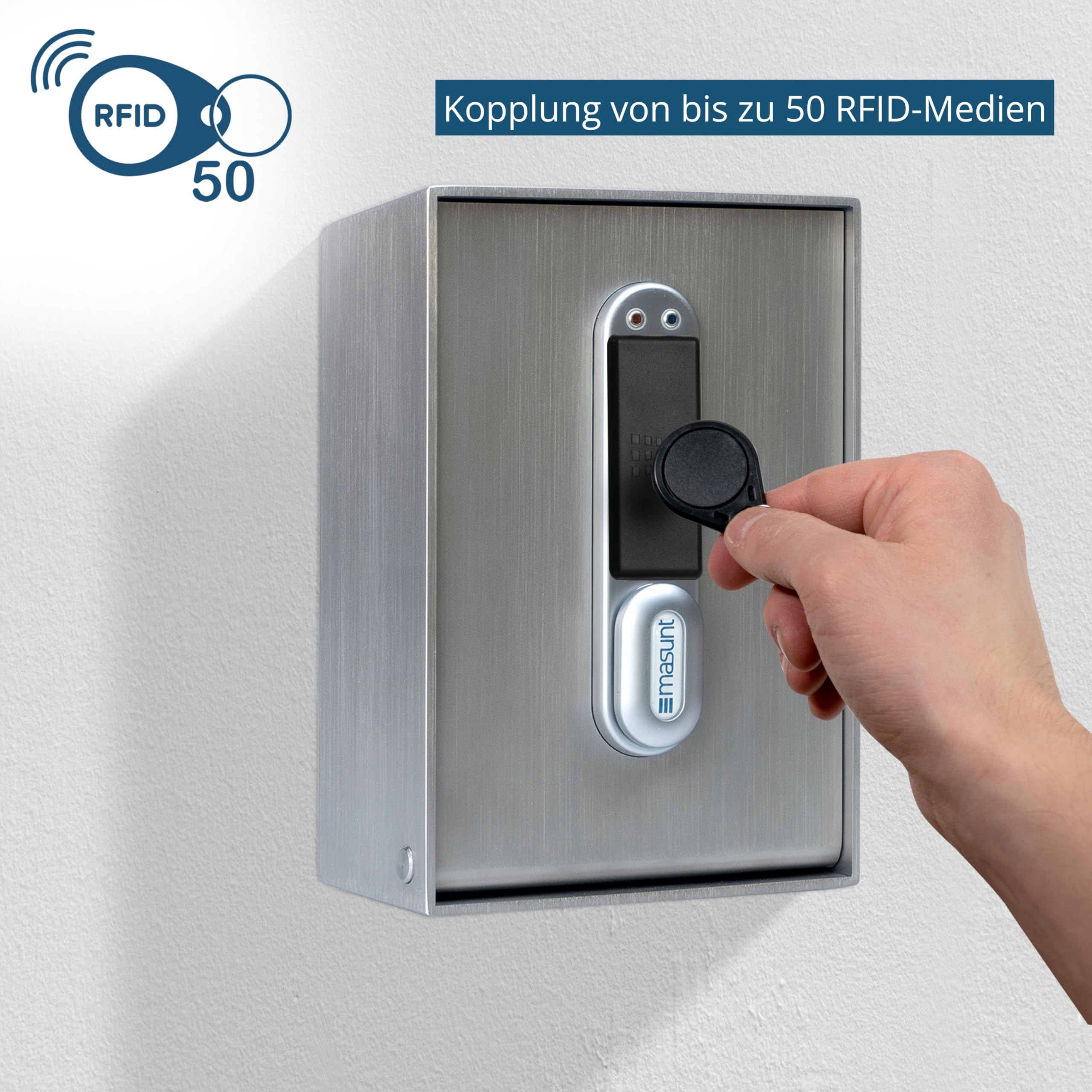 masunt Schlüsseltresor 2121 RFID | elektronischer Schlüsseltresor | Registrierung von bis zu 50 individuellen Zutrittsmedien | V2A Edelstahl | Aufbruch-sicher | wetterfest | silber
