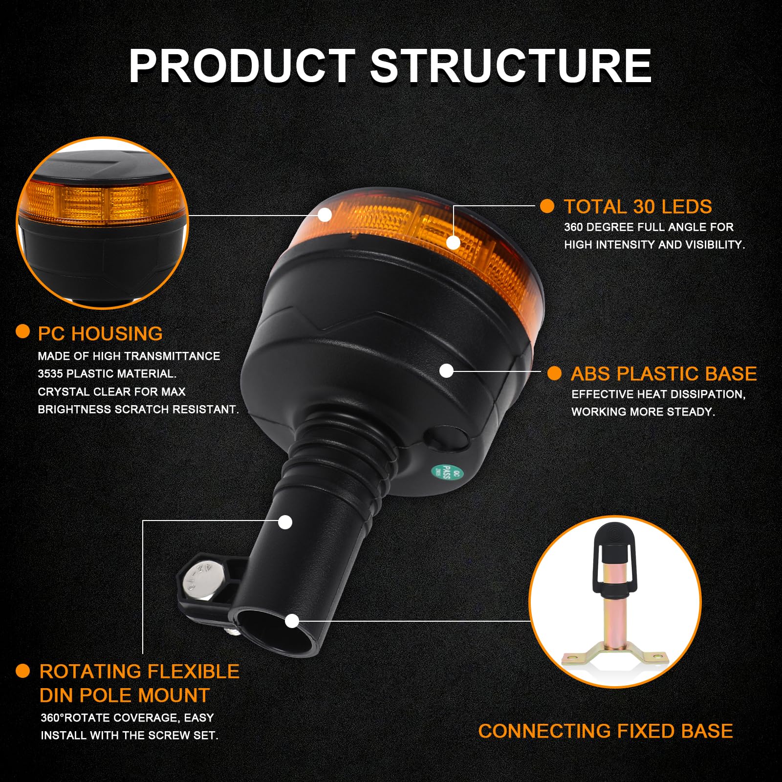 AOHEWEI LED-Warnleuchte mit I-förmiger Halterung, 3 Blink- und 4 Drehmustern, 12/24 V, 30 LED-Stroboskoplampen für Landmaschinen, Nutzfahrzeuge, Schulbusse, Traktoren, Bagger, Lkw