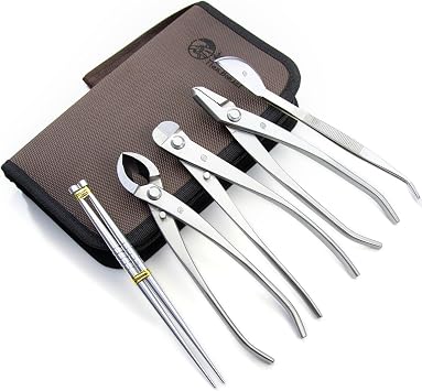 Bonsai Tools 5-Piece Alloy Steel Bonsai tool Kit In Cluding 205mm Wire Cutter / 205mm Round Edge Cutter / 205mm Jin Plier / 200mm Straight Root Hook/Tweezers NBK5-02