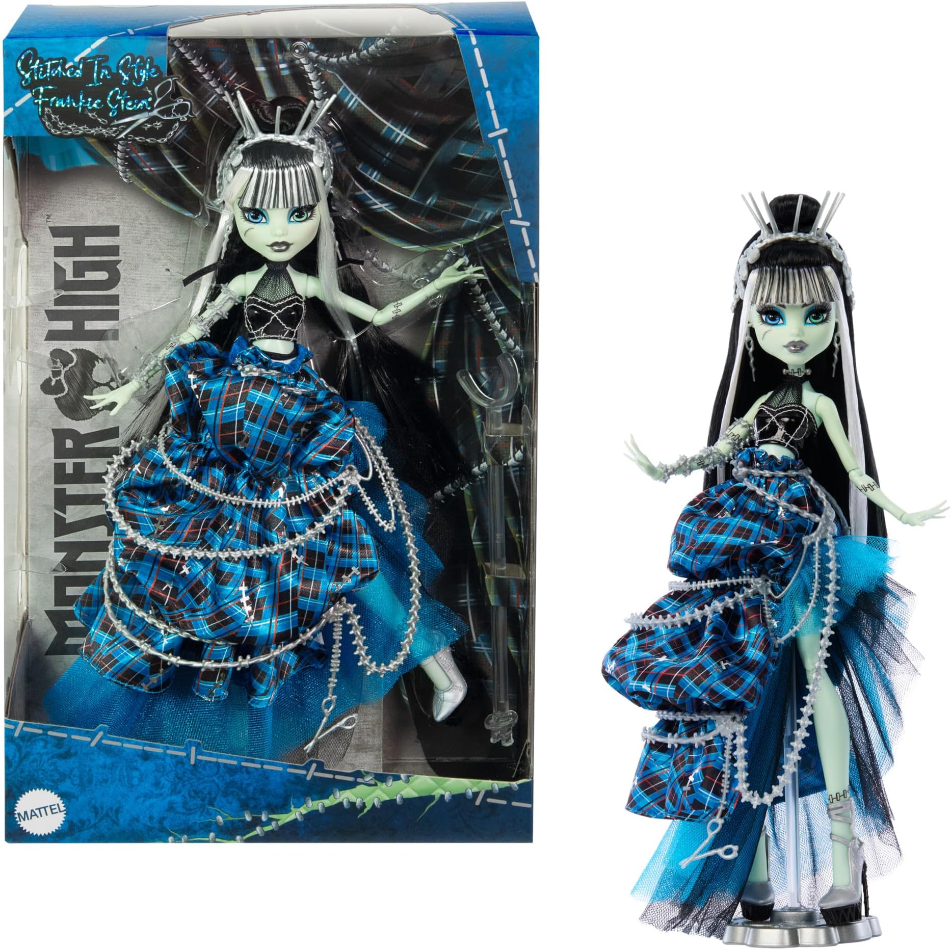 Monster High Frankie Stein Doll with Original Sculpt, Stitched in Style Collector Doll with Deconstructed Gown and Sewing-Inspired Accessories, HRL66