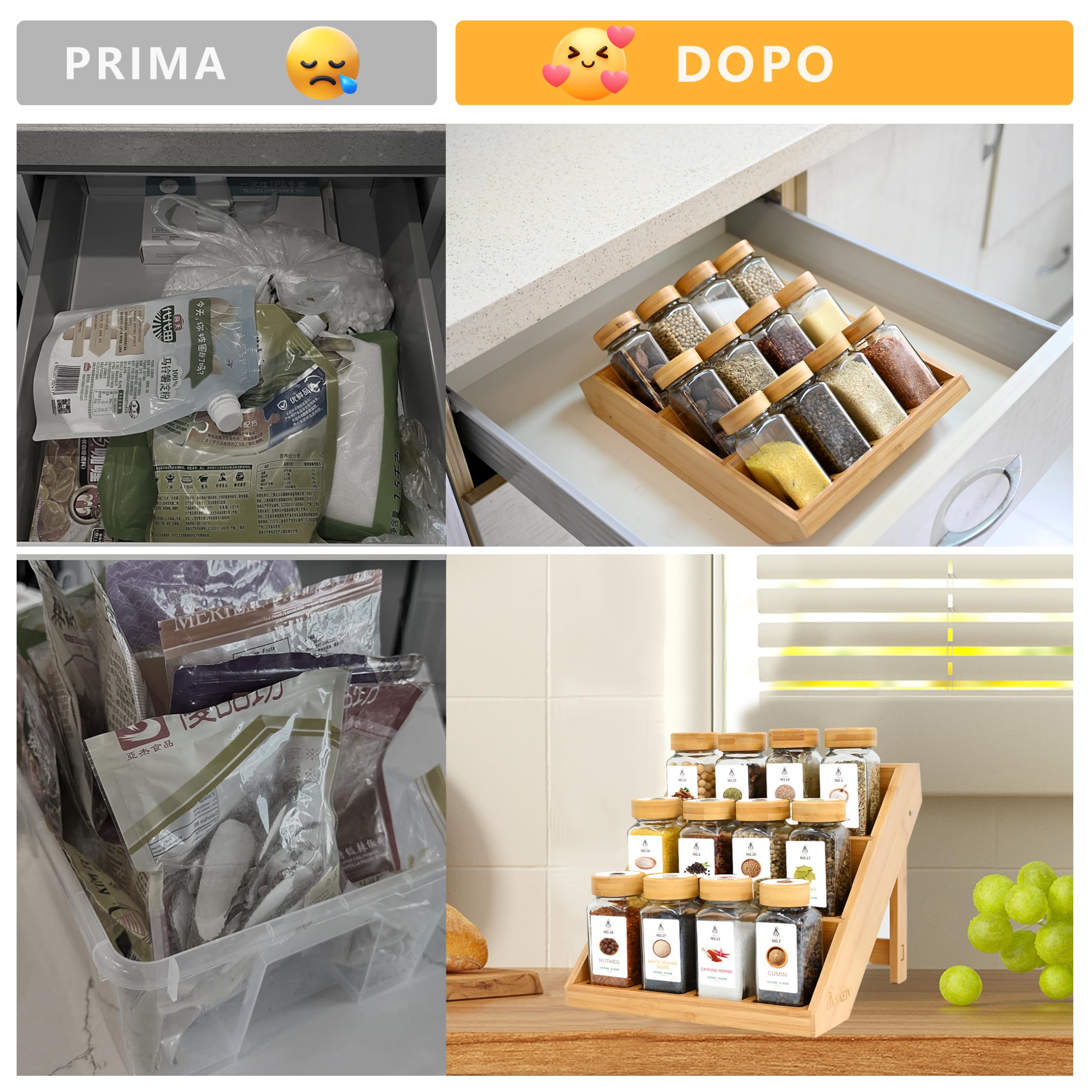 SAEIV Portaspezie 12 Barattoli Vetro Bambù a 3 Livelli, Porta Spezie per Cucina Salva Spazio, Porta Spezie per Piano e Cassetto, Portaspezie Salvaspazio con Tutti gli Accessori