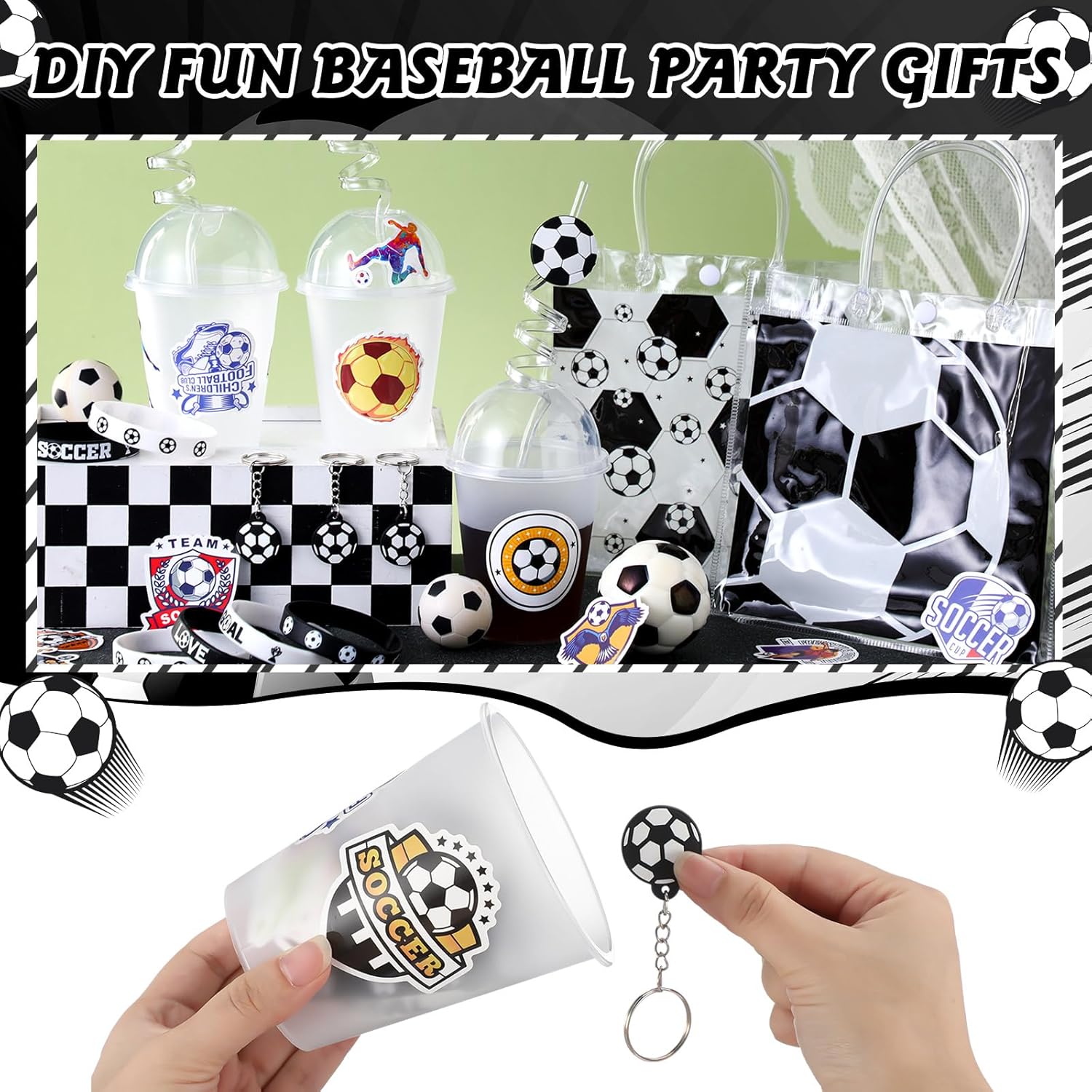Sweetude 132 Pcs Soccer Party Favors Gifts Soccer Goodie Bags Favors Sports Team Gifts Include Cups with Lids Straws Gift Bags Keychain Silicone Wristbands Stickers Whistles for Birthday Decor - Image 5