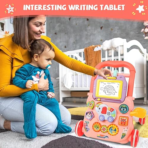 Miniatura 6 de Caminante de aprendizaje para bebés, centro de actividades educativas tempranas 2 en 1, panel de juego multifuncional con tablero de dibujo,