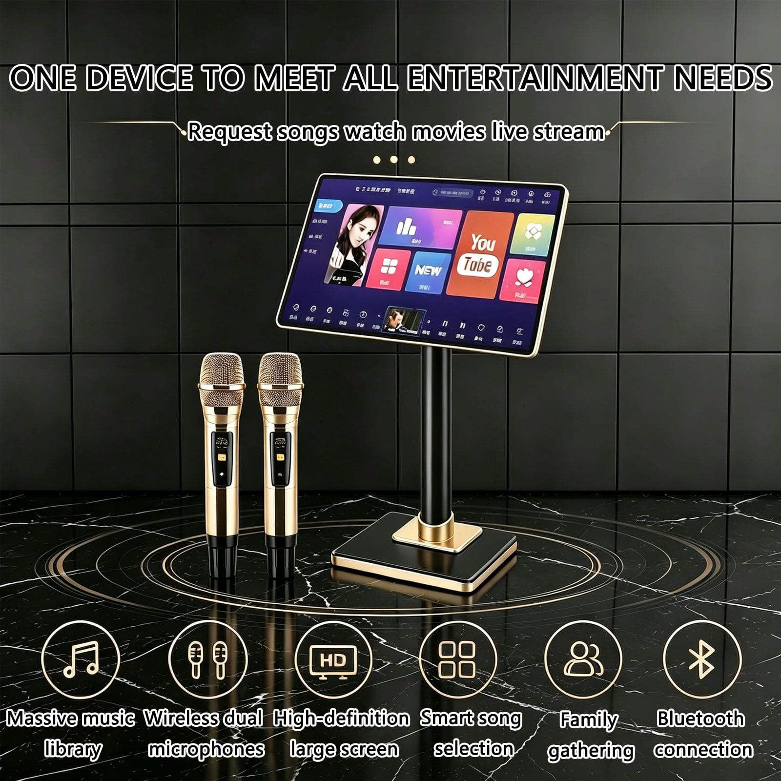 Macchina per Karaoke da 21,5 Pollici, 2 Microfoni Wireless, Sistema Touchscreen Portatile, Altoparlante Stereo Integrato E Bluetooth, Controllo Tramite App per Smartphone