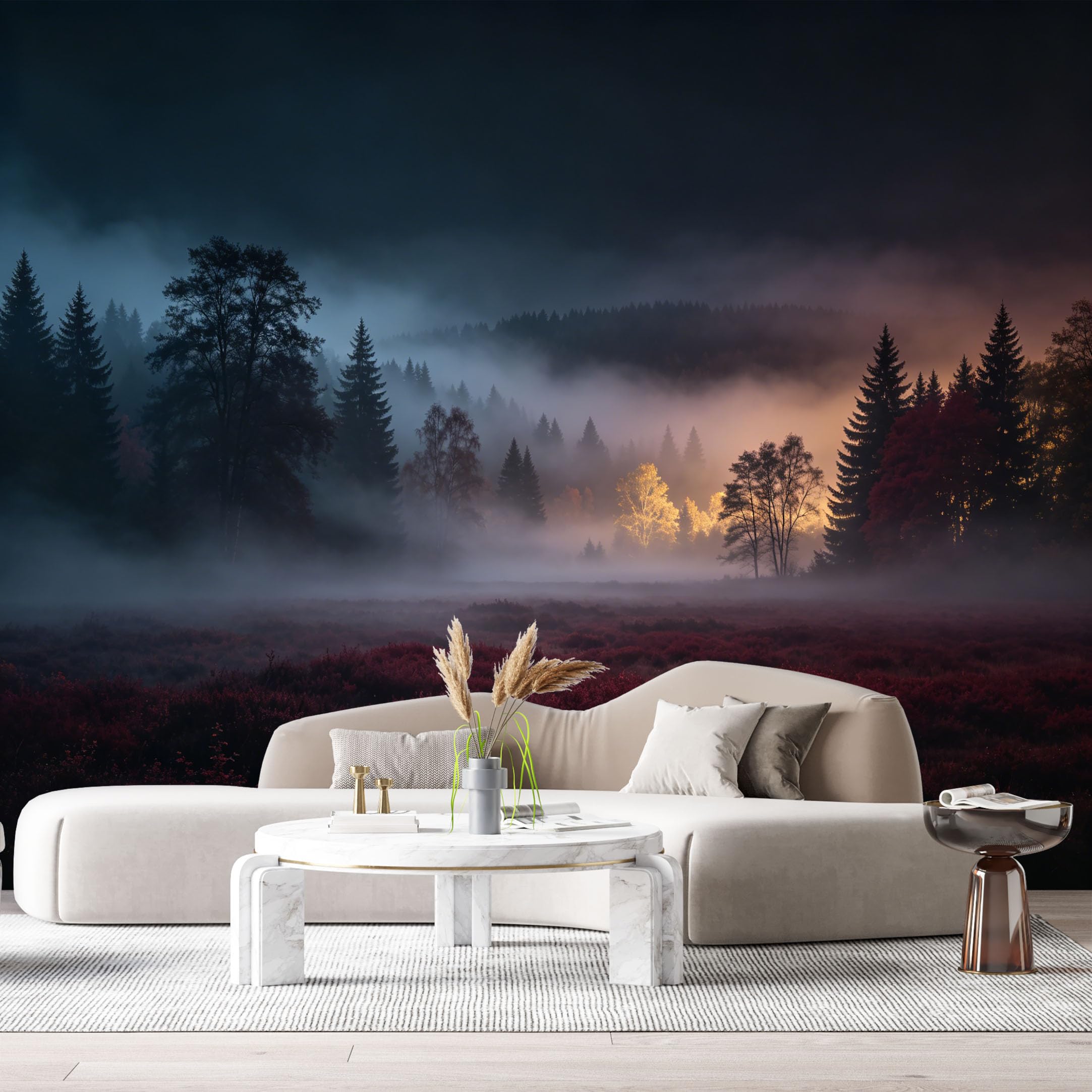 Custom Size Wall Murals Misty Forest Landscape Sunrise Fog Red Meadow Pine Trees SelfAdhesive Wall Fabric Removable Large Wallpaper for Photo Living Room