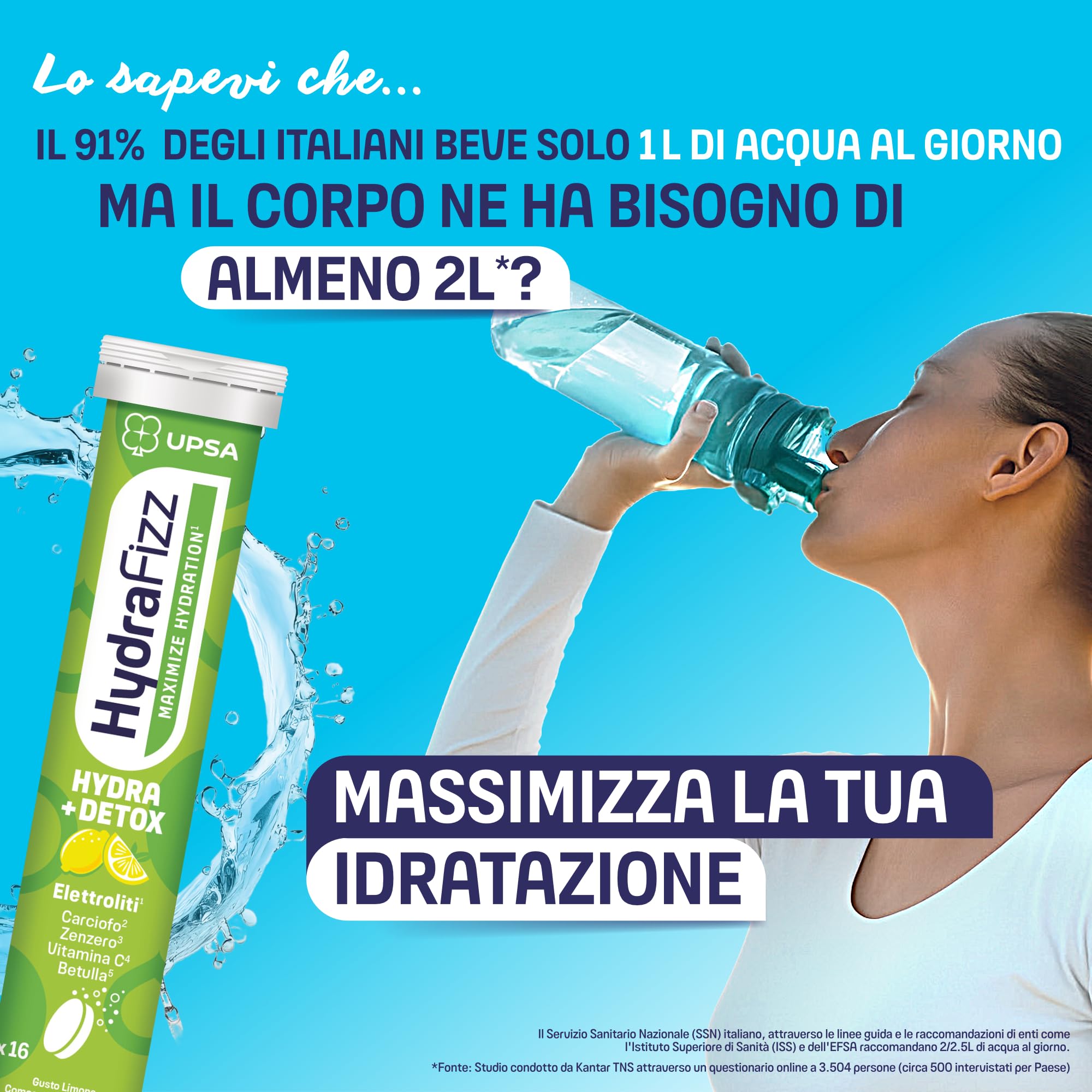 UPSA Hydrafizz Detox, 16 Compresse Effervescenti, Integratore Alimentare con Elettroliti, Carciofo e Zenzero, Gusto Limone, Idratazione e Depurazione, aiuta a ridurre Stanchezza