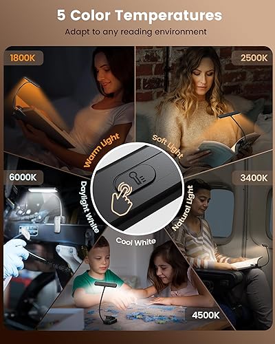 Miniatura 4 de Glocusent 26 luces LED para libros, 1200 mAh, 90 horas de duración, luz de lectura recargable, 5 colores ámbar y luz de lectura de libros con