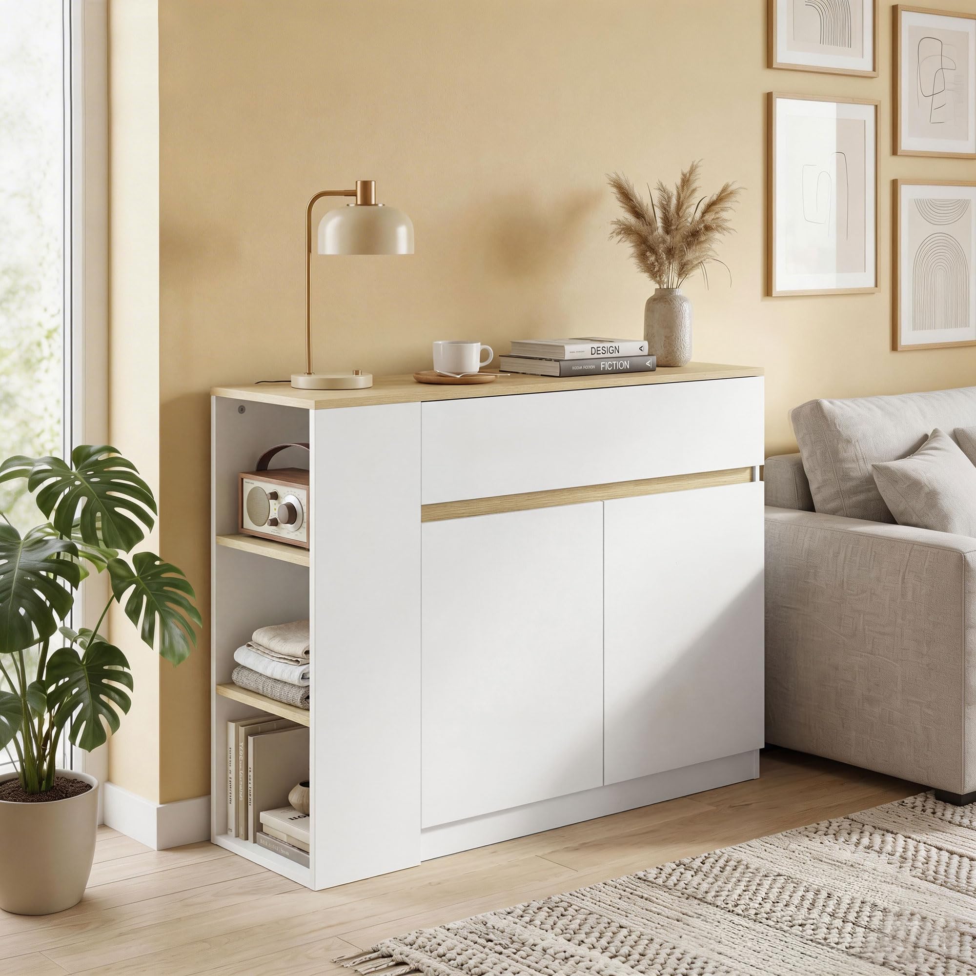 HOMCOM Buffet, Meuble de Rangement, avec Placard 2 Portes, étagère réglable, 2 tiroirs, 3 étagères Ouvertes, 110 x 29,5 x 82 cm, pour Salle à Manger, Salon, Cuisine, Blanc
