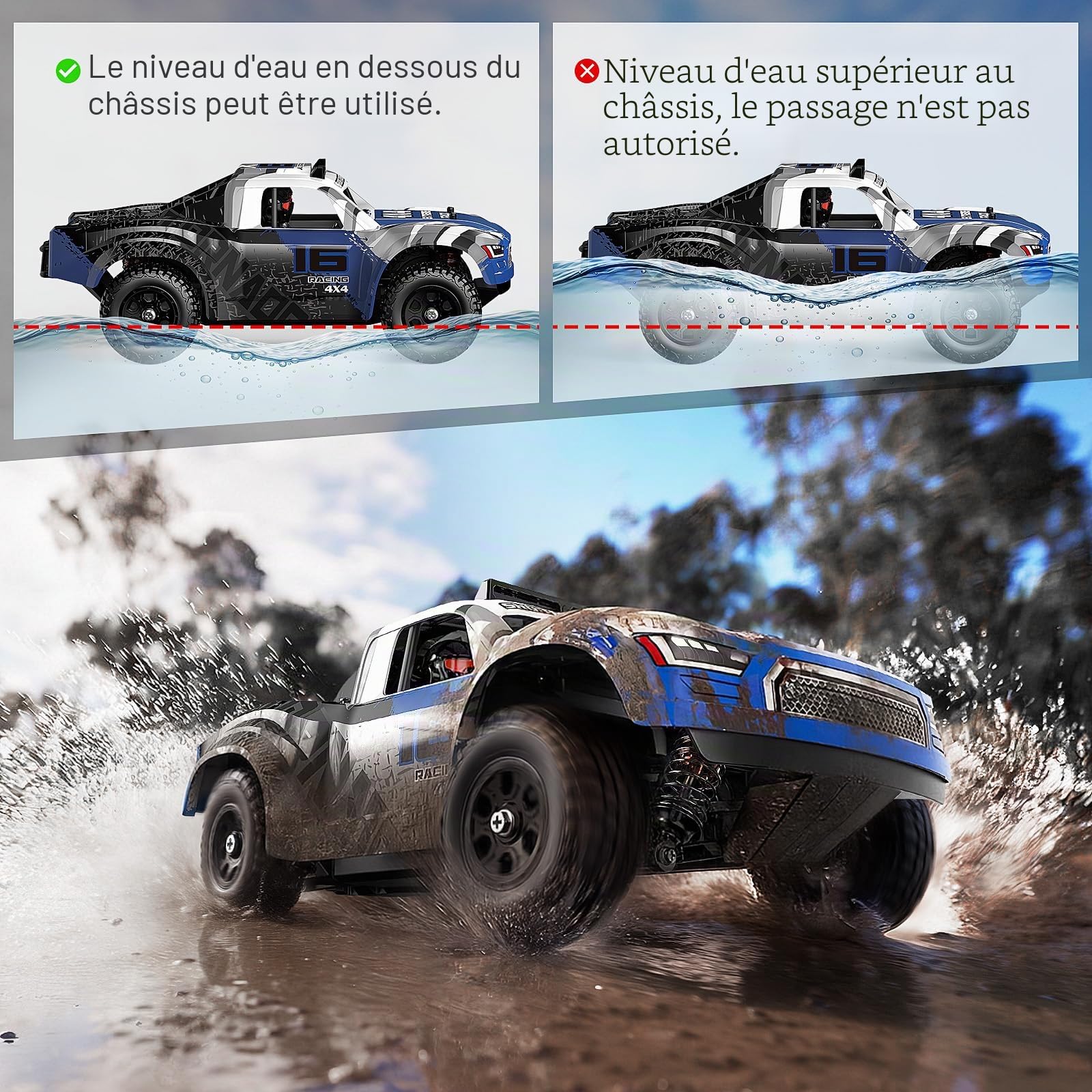 Voiture télécommandée 1:16, 2,4GHz Rapide 36 km/h, Véhicule Électrique Tout Terrain 4WD Résistant à l’Eau avec Doubles Batteries, Pneus Drift & Tout-Terrain, Transmission Métal et Éclairage LED
