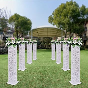 8 PCS Tall Roman Column, White Wedding Decorative Flower Stand, Wedding Column with LED Light Carved Pillar Tall Flower Vases, with White Light, for Parties, Celebration Events