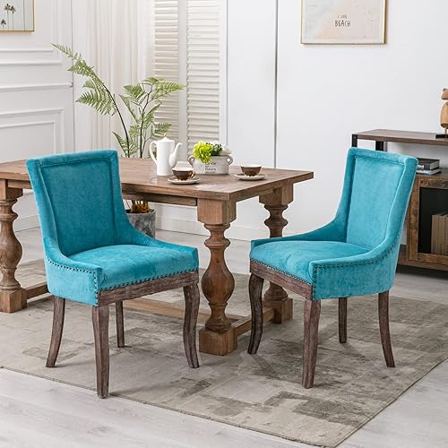 Dining Chairs and Table & Chair Sets, Ultra Side Dining Chair with Thickened Fabric Upholstery and Solid Wood Legs, Bronze Nail Head Accents, Set of