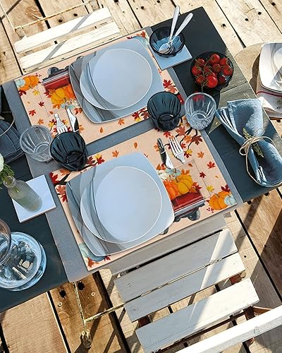 Miniatura 4 de Juego de 4 manteles individuales para mesa de comedor, diseño de calabazas rojas y de lino, de algodón, con bolsillo, mesa cuadrada o rectangular de