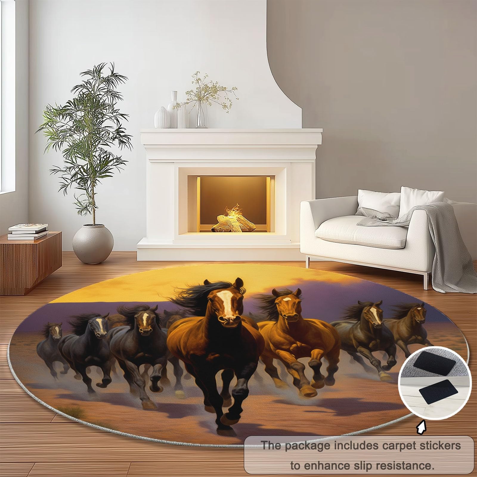 Tappeto Rotondo da 150 cm a Pelo Corto, con Stampa di Animali (Cavallo), Antiscivolo e Anti-Perdita di Pelo, Ideale per Soggiorno, Camera da Letto, cameretta dei Bambini, Ufficio e