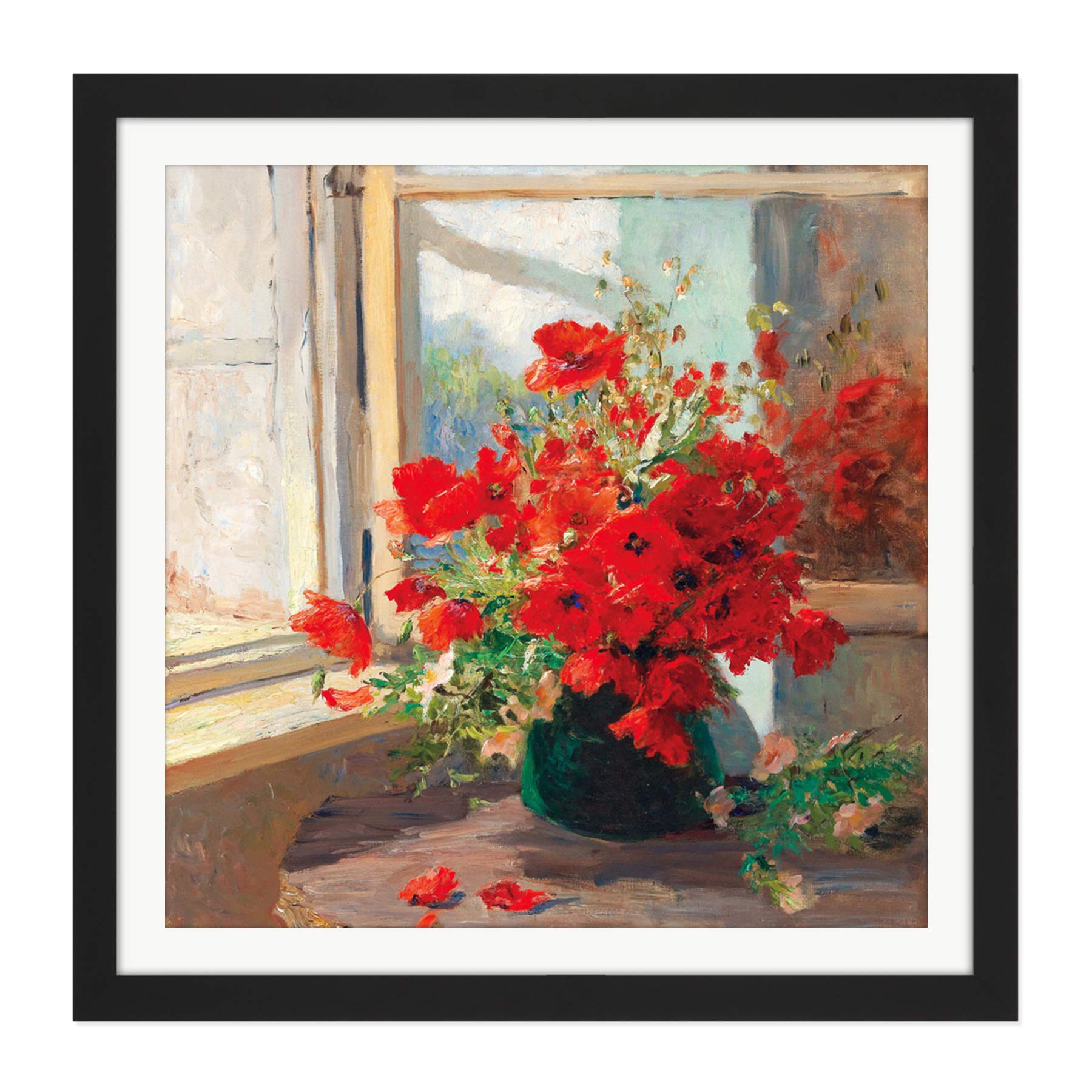 Artery8 Florian Bouquet Poppies Window Flowers Painting Square Wooden Framed Wall Art Print Picture 16X16 Inch