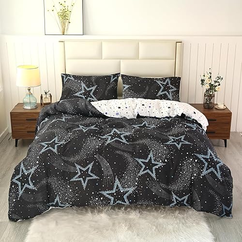 SDY Juego de funda de edredón de 3 piezas, tamaño matrimonial, juego de ropa de cama negro con estrellas, juego de ropa de cama reversible Kawaii