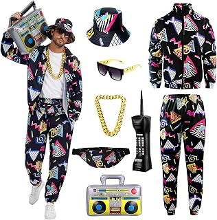 80er 90er Jahre Outfit Herren,Hip Hop Trainingsanzug Set mit Zubehör