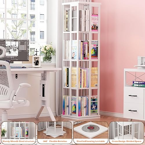 Miniatura 6 de Aheaplus Estantería giratoria, estantería de esquina de 4 niveles, estantería giratoria de madera de 360 exhibiciones, estantería de pie para piso,