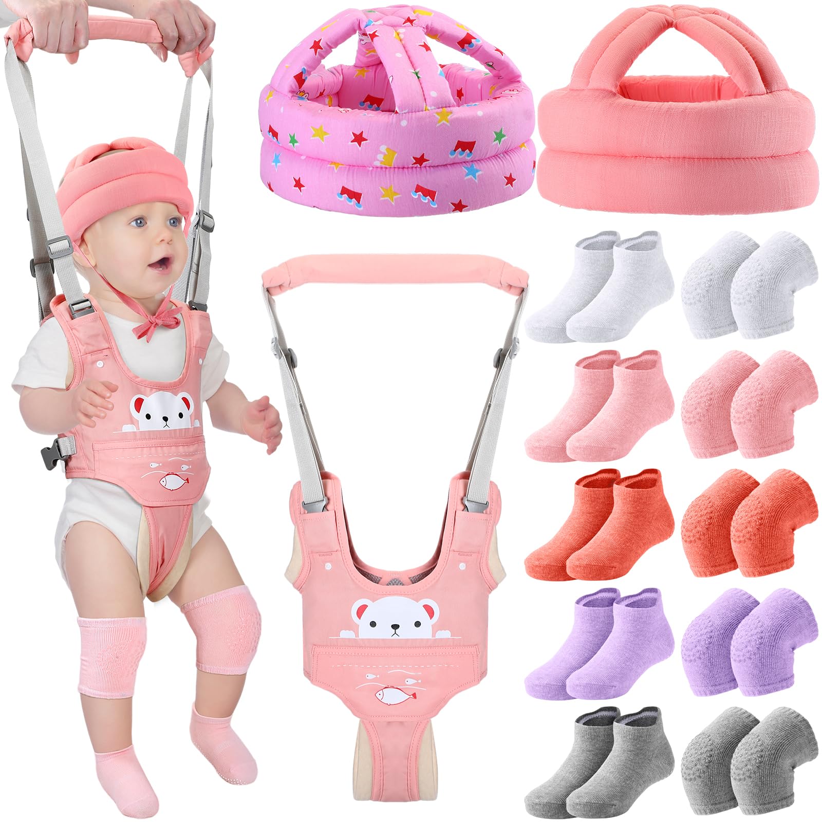 Leumoi 13 Pcs Baby Safety Helmet Infant Baby Walking Harness with Anti Slip Knee Pads for Crawling Toddler Socks 2 No Bumps Baby Head Protector 1 Adjustable Walking Assistant (Pink Bear)