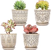 Gepege 4 Inch Ceramic Succulent Pots with Drainage Holes & Saucers - Creamy White Set of 4 Indoor Planters