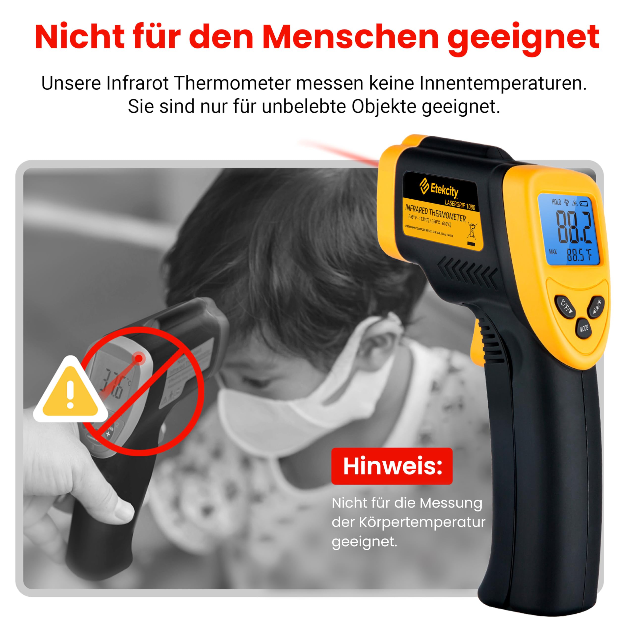 Etekcity Infrarot Thermometer -50 bis +610°C, Digital IR Pyrometer berührungslos Temperaturmessgerät, LCD Beleuchtung (Nicht für Menschen) für Kochen/Pizza Oven/Gefrierschrank/Industrie