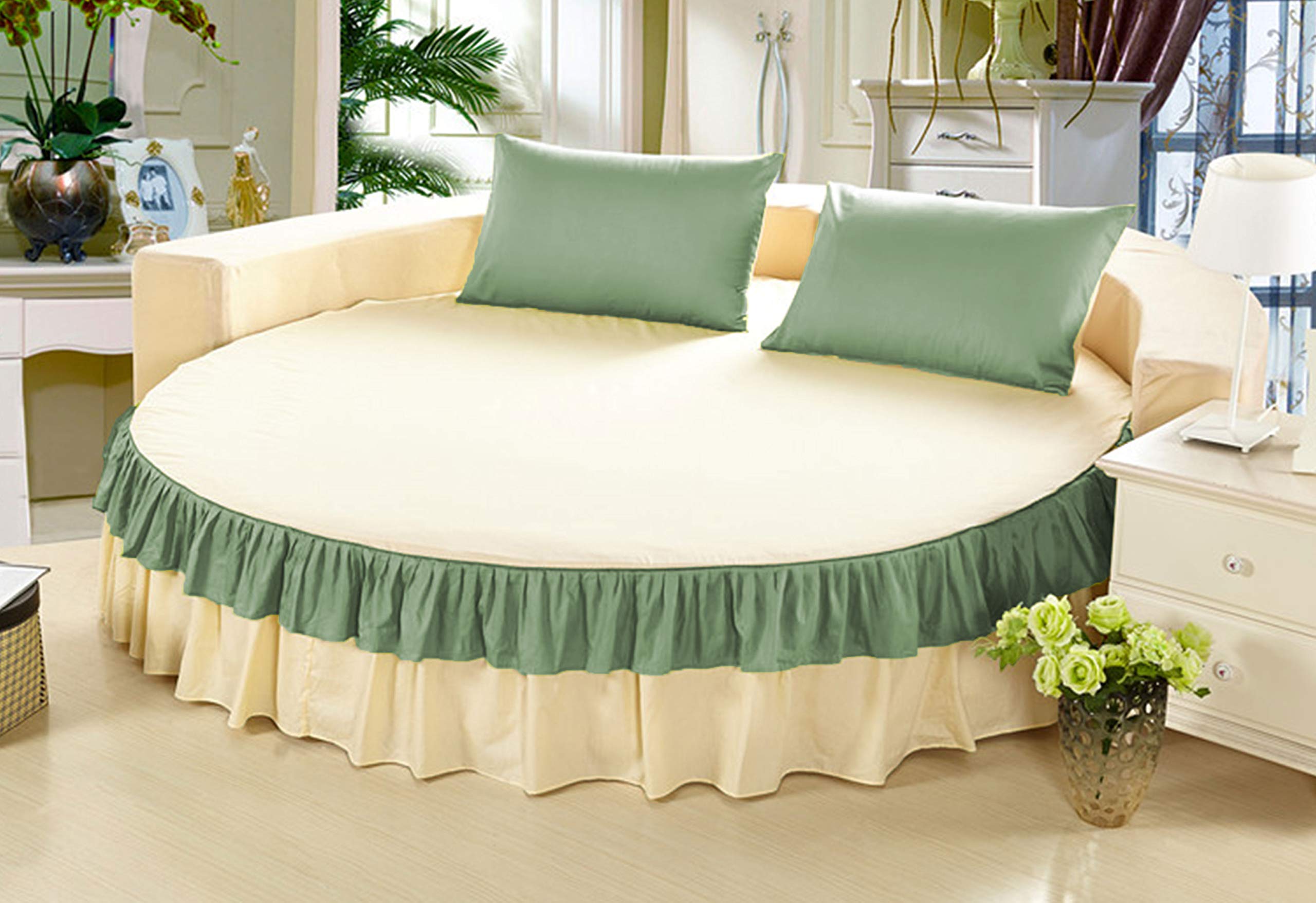 Falda de cama redonda de 1 pieza y 223 cm en algodón egipcio 600 TC color musgo y marfil