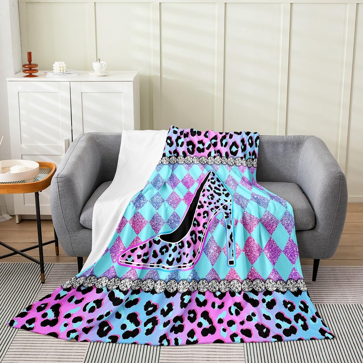 Erosebridal Purple Glitter Leopard Print Flannel Blanket Twin 60x80 Inch | Girls Cheetah Fleece Blanket Safari Geometric Luxury Soft Fuzzy Plush Throw