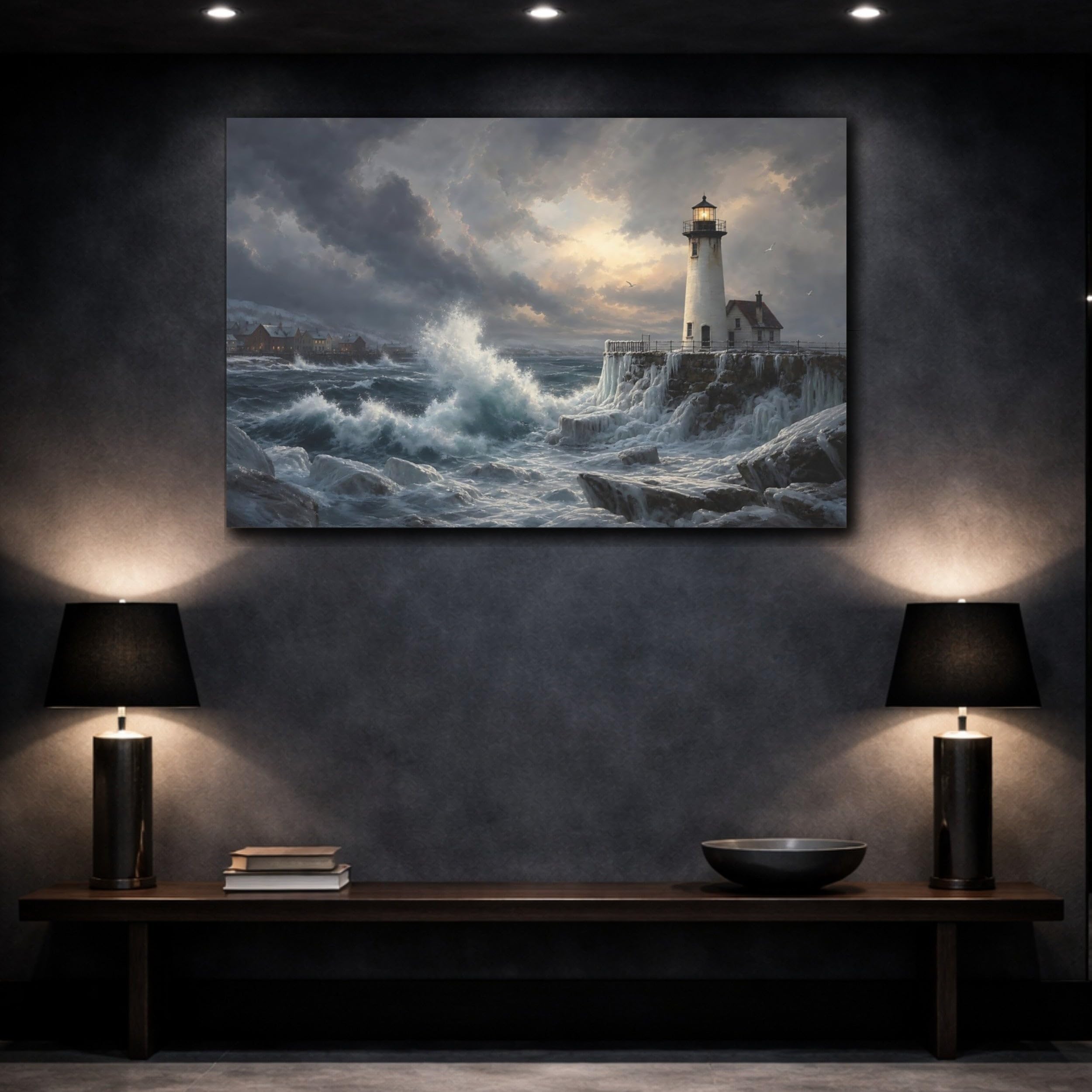 Nature Lighthouse Winter Coast Canvas Print – realistic Living Room, Above Couch 18×12 inch (45×30 cm) - Horizontal / 1.25 inch (3 cm)