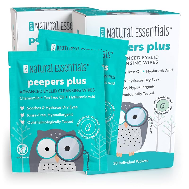 Natural Essentials Peepers Plus Lenços para Pálpebras com Ácido Hialurônico e Óleo de Melaleuca, Sem Álcool, Sem Fragrância e Sem Enxágue, 30 unidades, Pacote com 2
