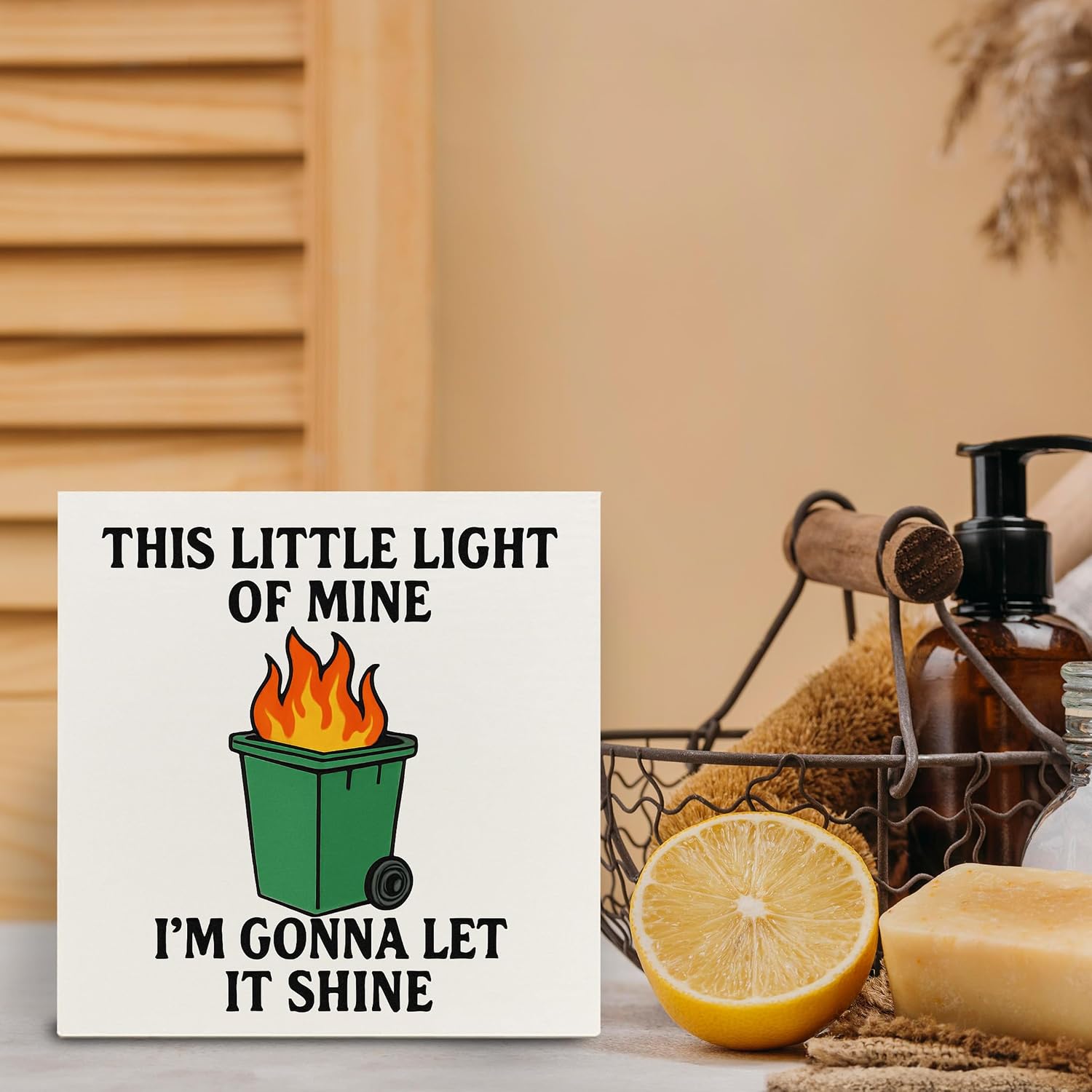 Funny Office Wooden Sign - Inspirational Dumpster Fire Decor, Motivational Gifts, This Little Light of Mine Wooden Box Sign for Home School Desk Table Shelf Decoration, 5x5 Inch image 5