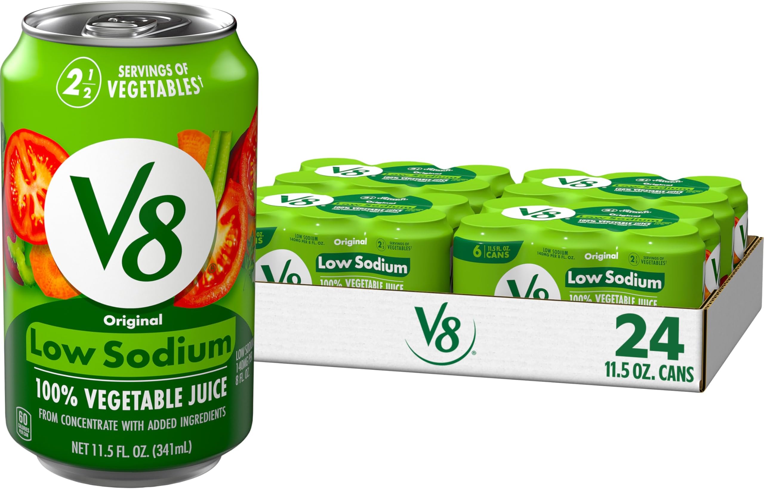 V8 Low Sodium Original 100% Vegetable Juice, Vegetable Blend with Tomato Juice, 11.5 FL OZ Can (Pack of 24)