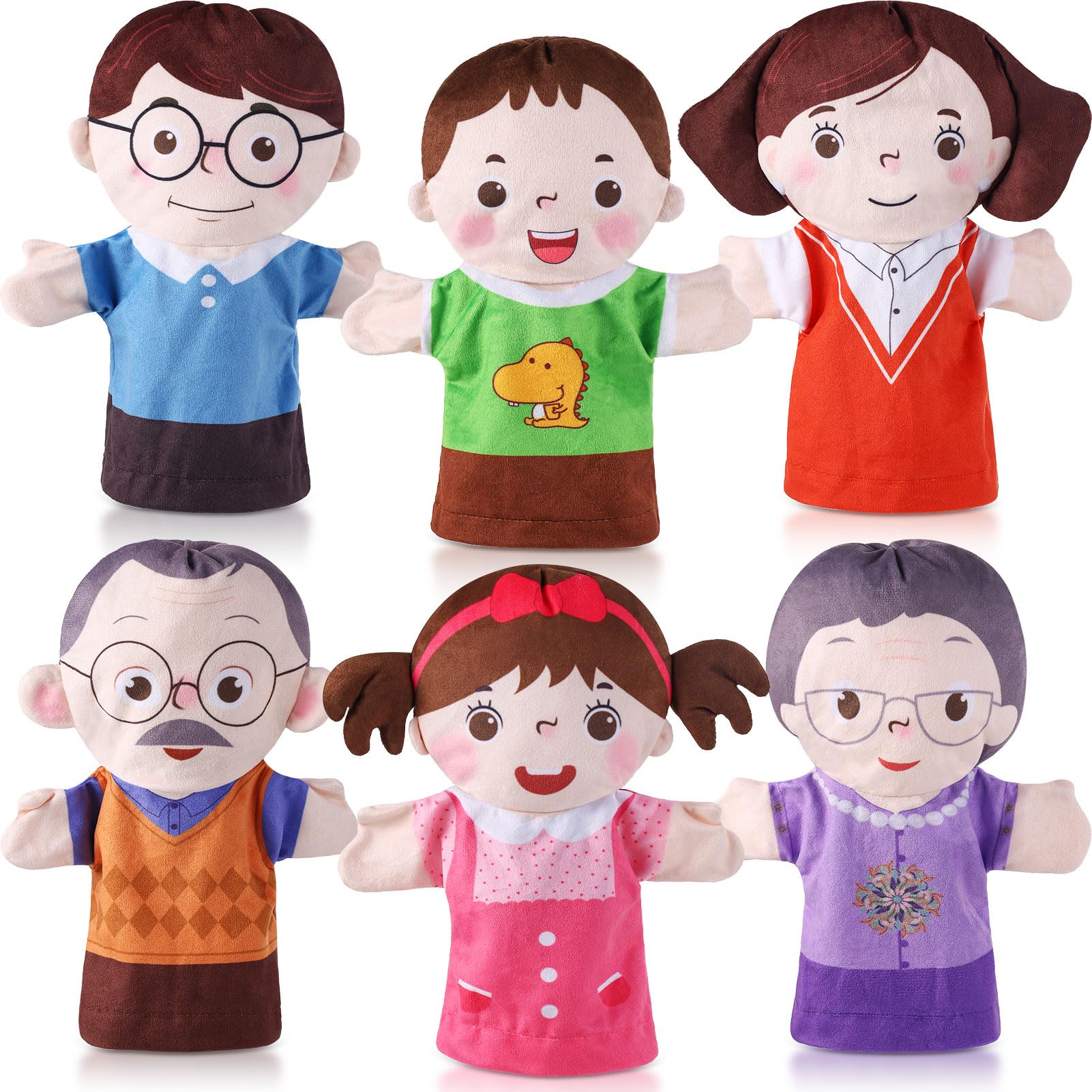 6 Pcs Family Hand Puppets 10 Inch Grandparents, Mom & Dad, Brother & Sister Plush Hand Puppet Toys Role-Play Toy Puppets for Kids Storytelling