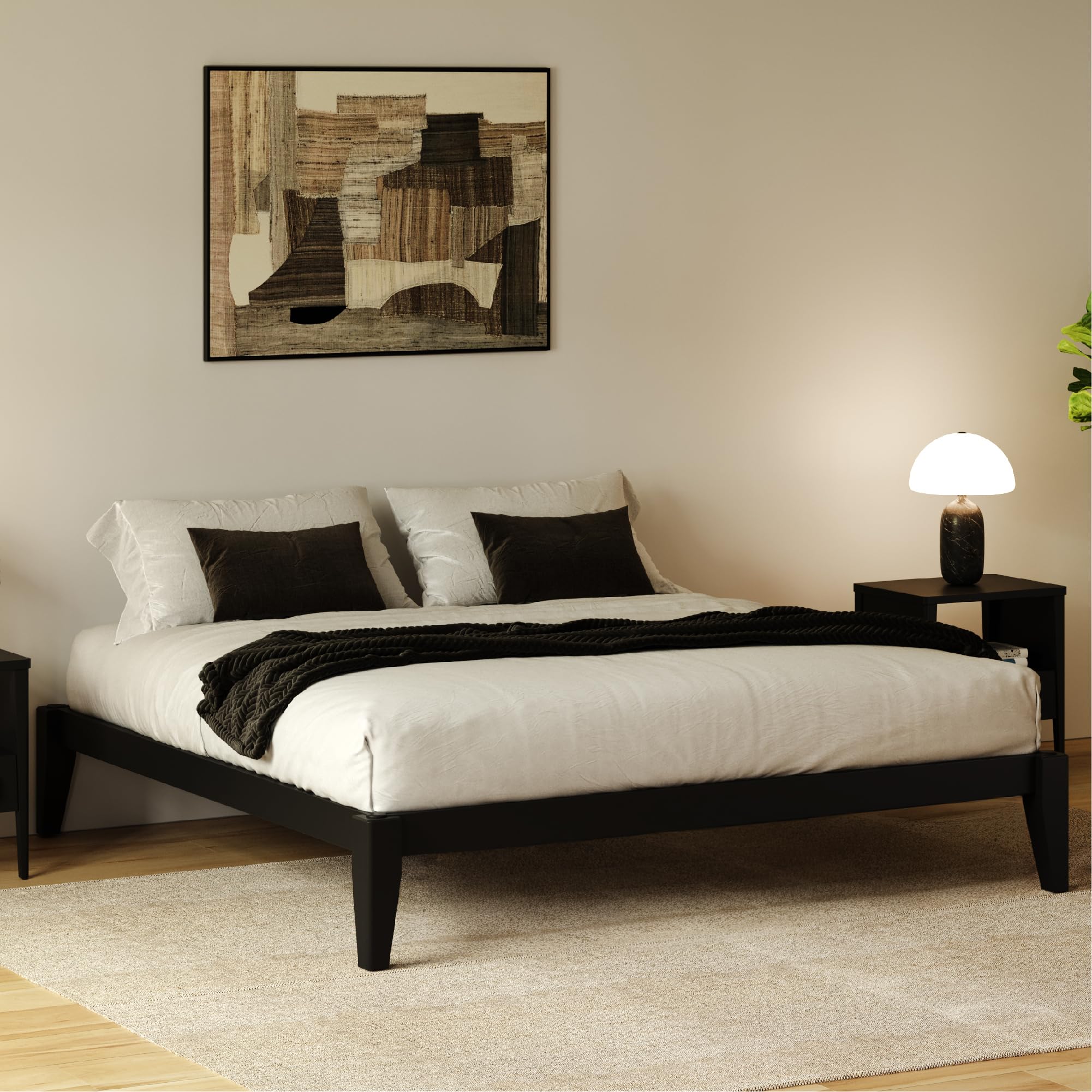 thor premium solid wood bed frame king, japanese joinery bed frame with wood slat support, platform bed, no box spring needed, easy assembly, minimalist & modern style (midnight charcoal)