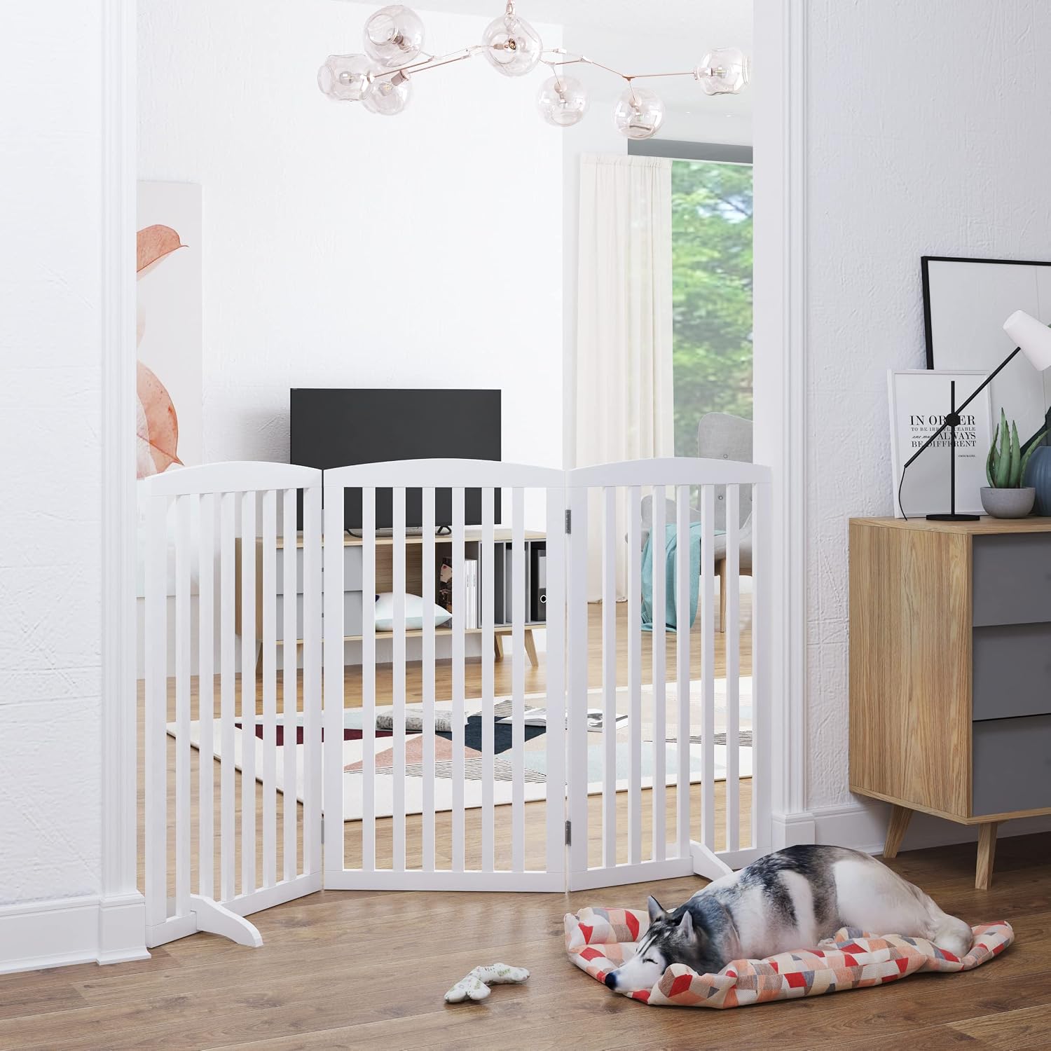 PAWLAND 36” Wooden Freestanding Foldable Pet Gate for Dogs, 3 Panels Step Over Fence, Support Feet Included, Dog Gate for The House, Doorway, Stairs, Extra Wide, White