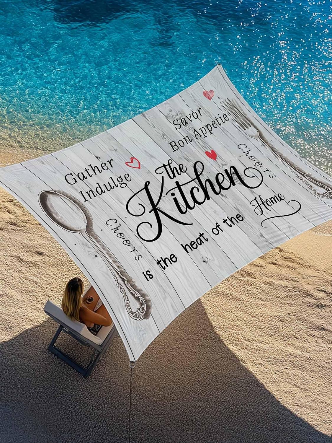 Kitchen Fork Spoon Sun Shade Sail 6.5' x 10', Cooking Tools Red Heart Wood Grain Rectangle Outdoor Sunshade Canopy, Waterproof UV Block Patio Covers for Garden Yard Beach