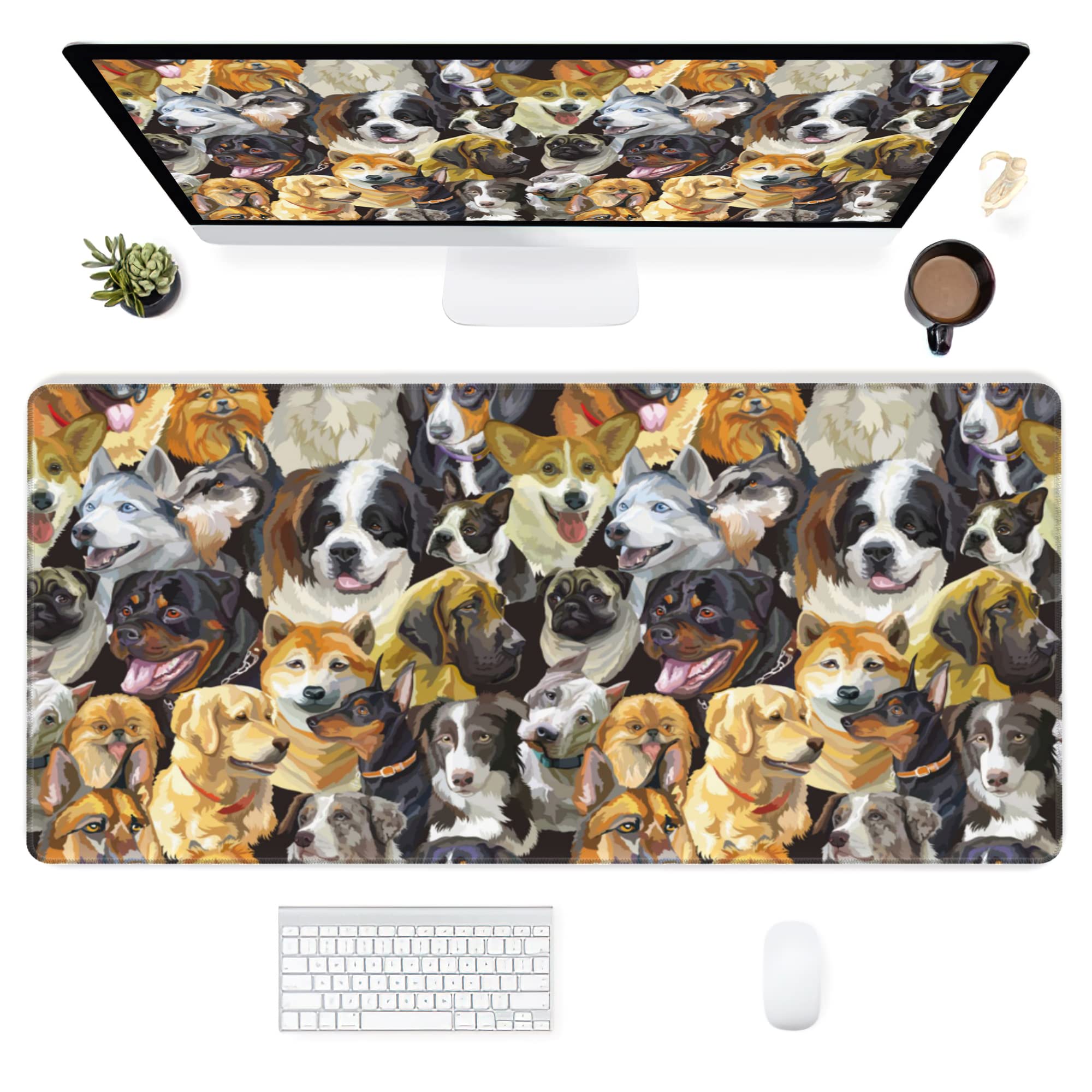 Desk Mat,Cute Dogs Heads Extended Gaming Mouse Pad for Office Work & Game,Computer Keyboard Mouse Mat Desk Non-Slip Rubber Base Large Mousepad with