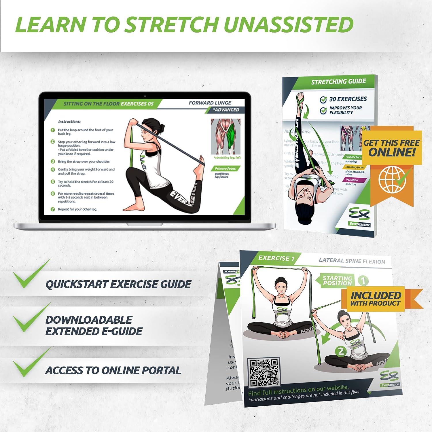EverStretch Yoga Strap for Stretching Plus Exercise Guide, Designed to be The Most Luxurious Yoga Belt Among Stretching Bands, Premium Quality Stretching Strap, Stretch Straps for Physical Therapy