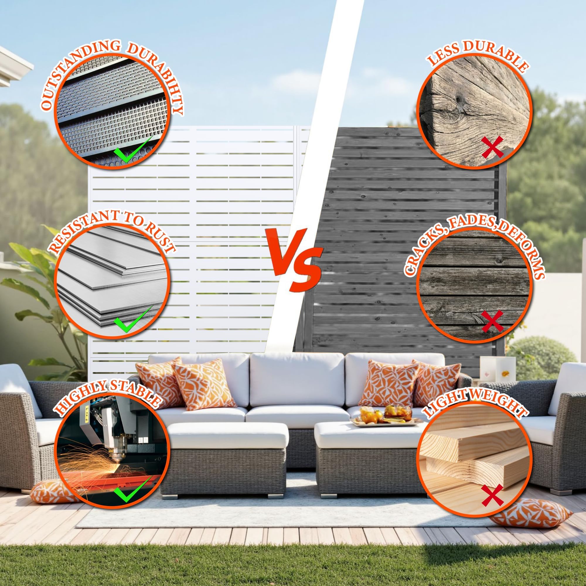 Towallmark Sichtschutz aus Metall freistehend, 183 x 119 cm, Dekorative Sichtschutzwand für Garten, Terrasse & Pool, Wetterfest & Einfache Montage, weiß