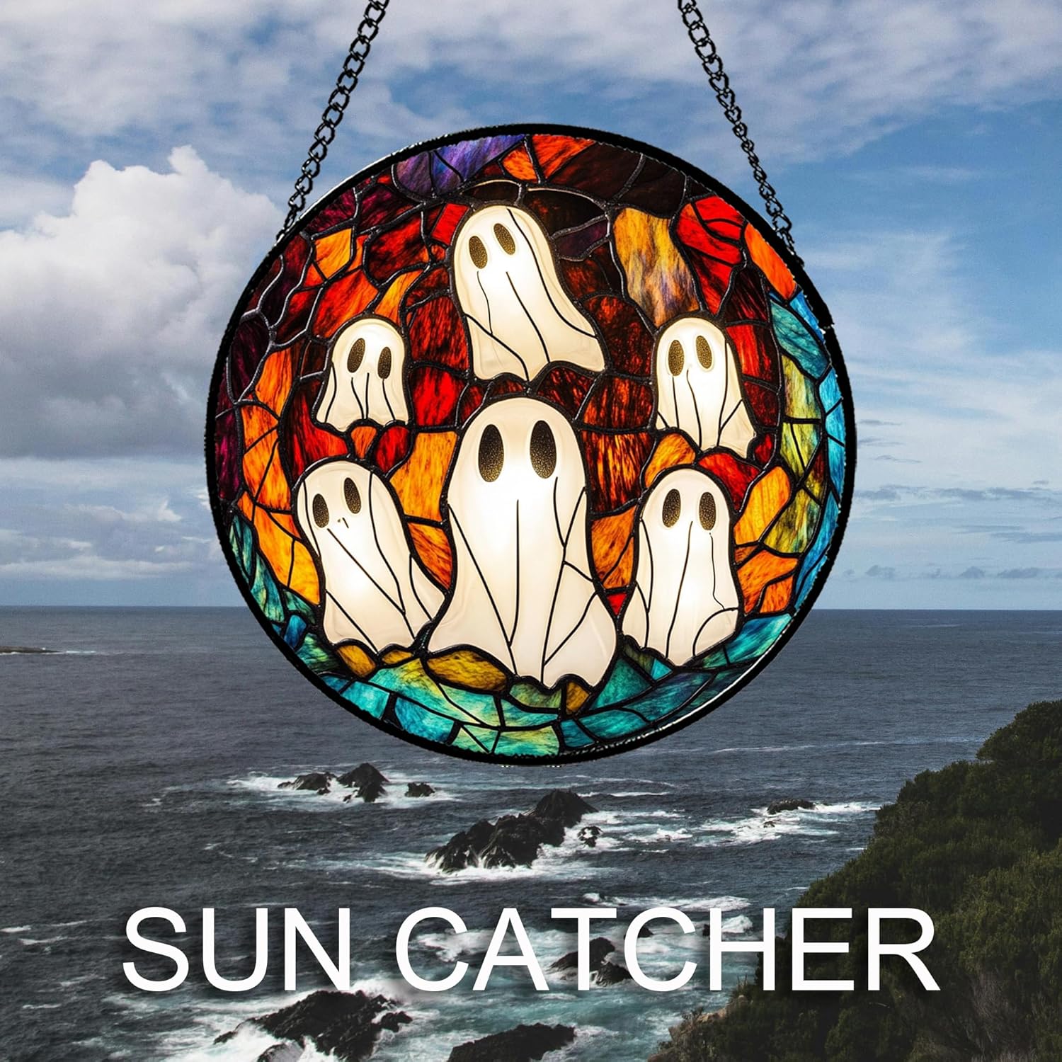 DASTOLL Stained Glass Window Hanging Halloween Horror Retro Ghosts Large 11.8" - Suncatcher Door Garden Kitchen Sun Catcher Home Gothic Decor Birthday for Mom Men Woman Friend Grandma