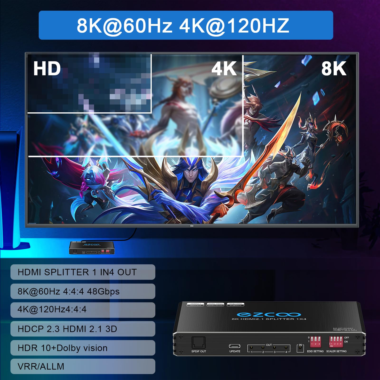 4K 120Hz HDMI 2.1 Splitter 1X4 Audio Extractor VRR ALLM HDCP2.3 HDR10+ SPDIF OpticalAudio EDID Scaler 4K 1080P HDMI Splitter 8K 1 IN 4 OUT Dual Monitor per PS5 Xbox NVIDIA AMD