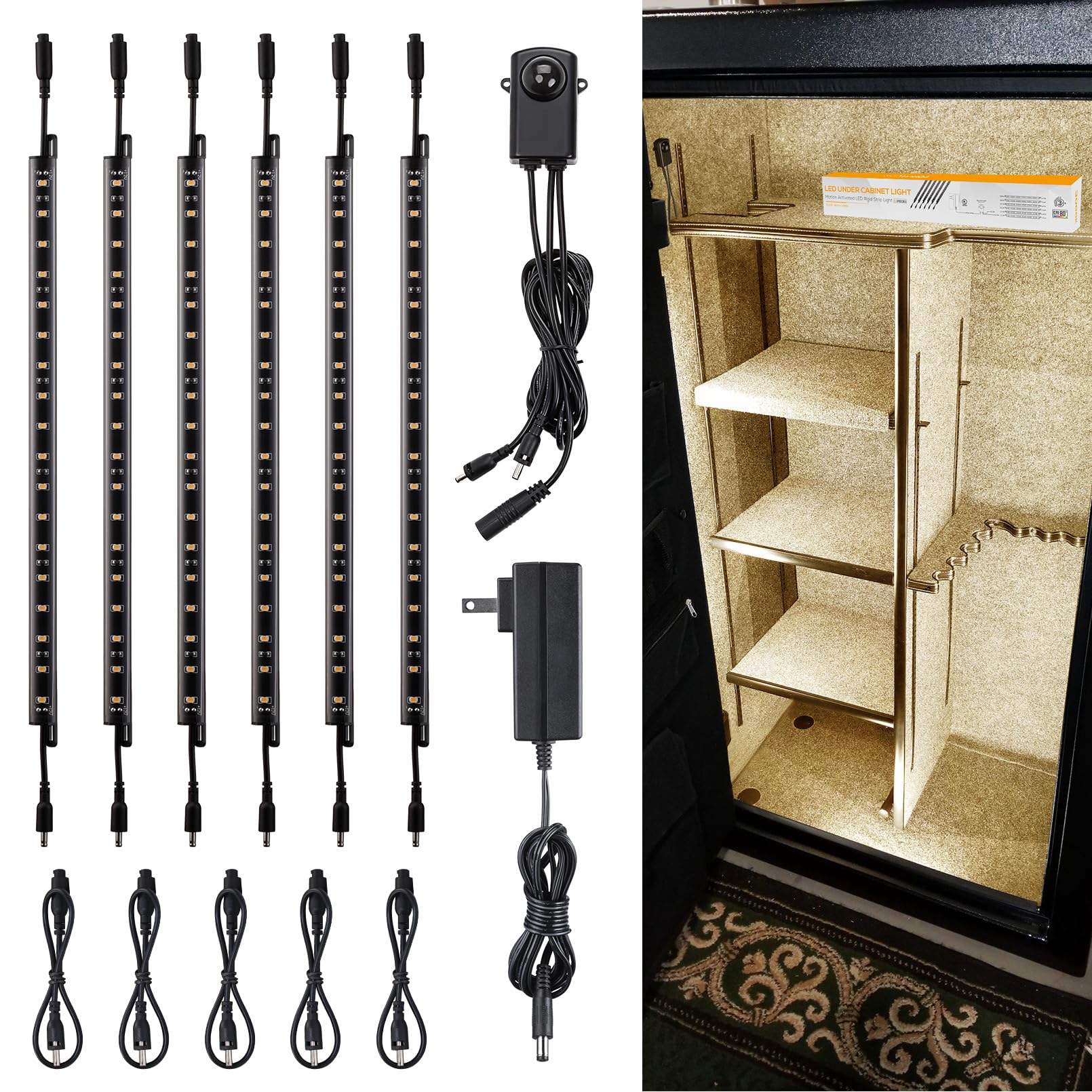 TORCHSTAR LED Safe Lighting Kit, (6) 12 Inch Linkable Light Bars + Motion Sensor + UL Power Adapter, 900LM, Input 100-240V, for Under Cabinet Gun Safe Locker Closet Showcase, 3000K Warm White Warm White (3000K)