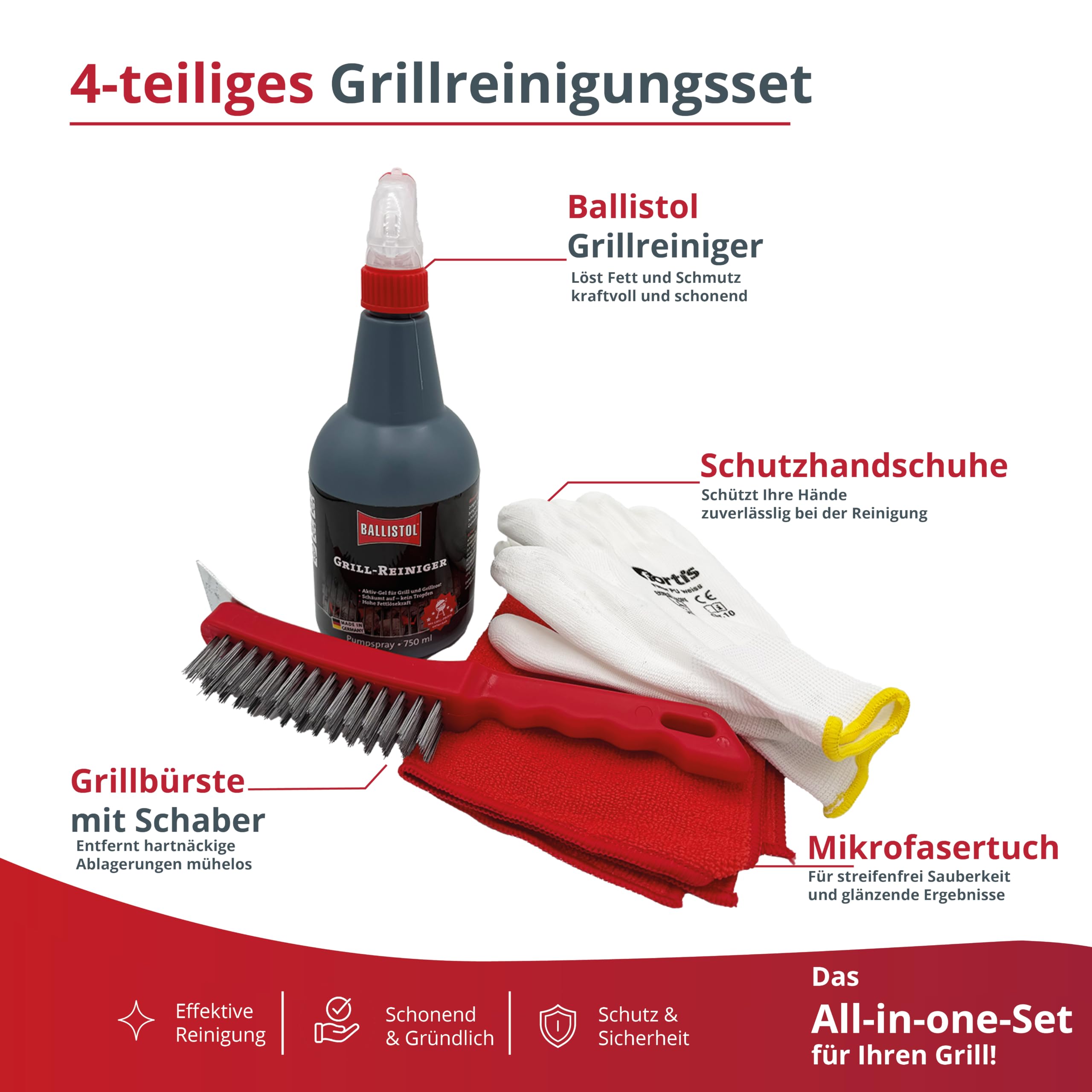 Grillreinigungsset 4-teilig mit Ballistol Grillreiniger, Grillbürste, weißen Handschuhen und Mikrofasertuch – Reinigungsset für Gasgrill und Holzkohlegrill