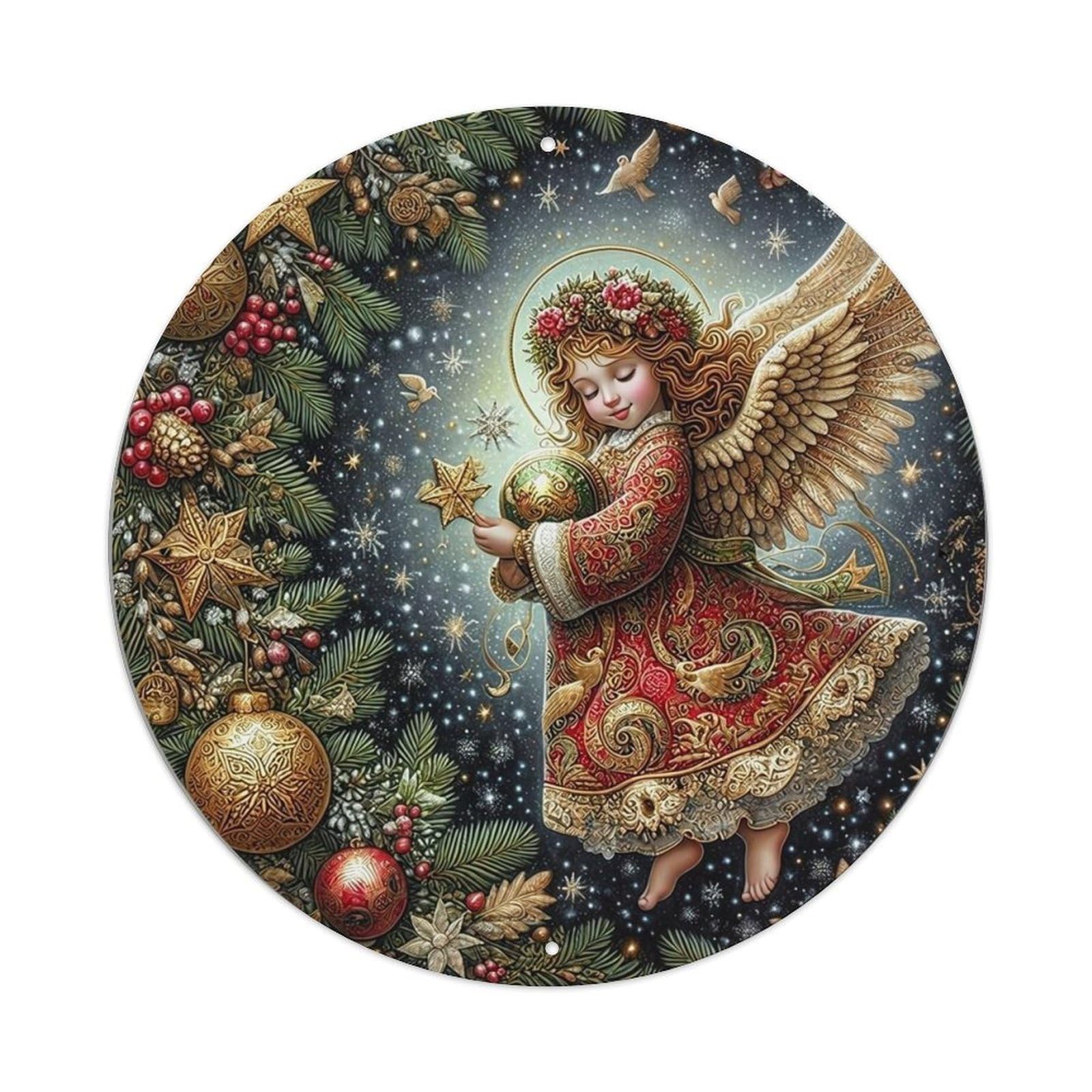 Angel Christmas Ornament Pattern Round Metal Tin Sign Vintage Wall Decor, Bar Garage Cafe Kitchen Home Wall Art Poster 8x8inches
