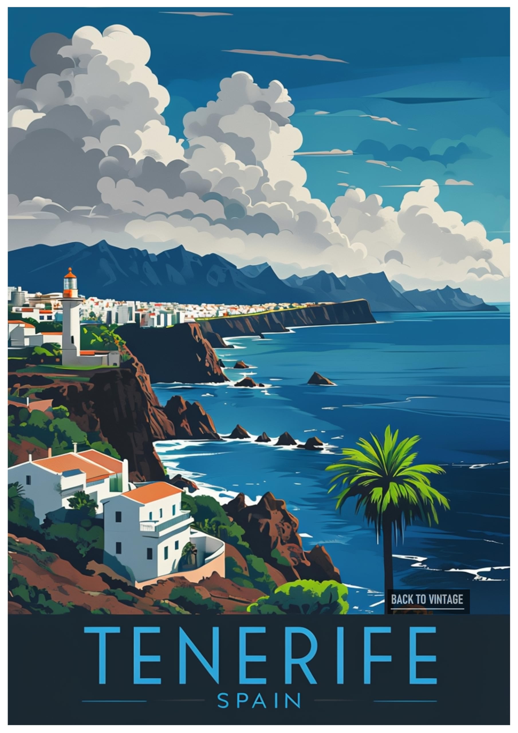 Back To Vintage Multicoloured Vintage Travel Poster Illustration Of Tenerife's Coastal Charm - Retro Europe Travel Poster A4 Size Vintage Wall Art Print Of Famous European Destinations Ideal For Home Or Office Decor