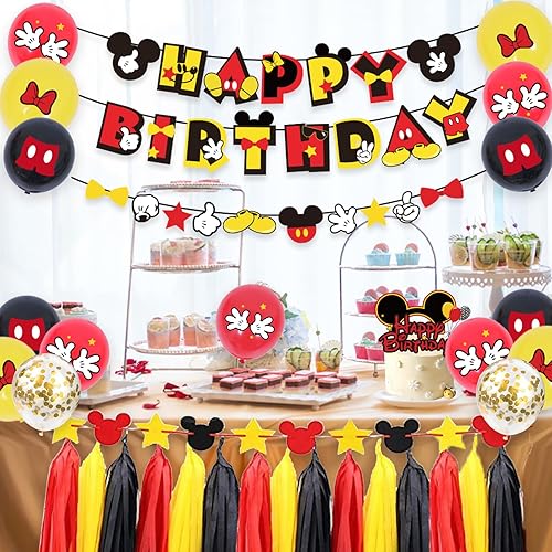 Miniatura 8 de PRATYUS Decoraciones de cumpleaños de Mickey para regalos de fiesta con pancarta de cumpleaños y guirnalda, decoración de pastel y globos