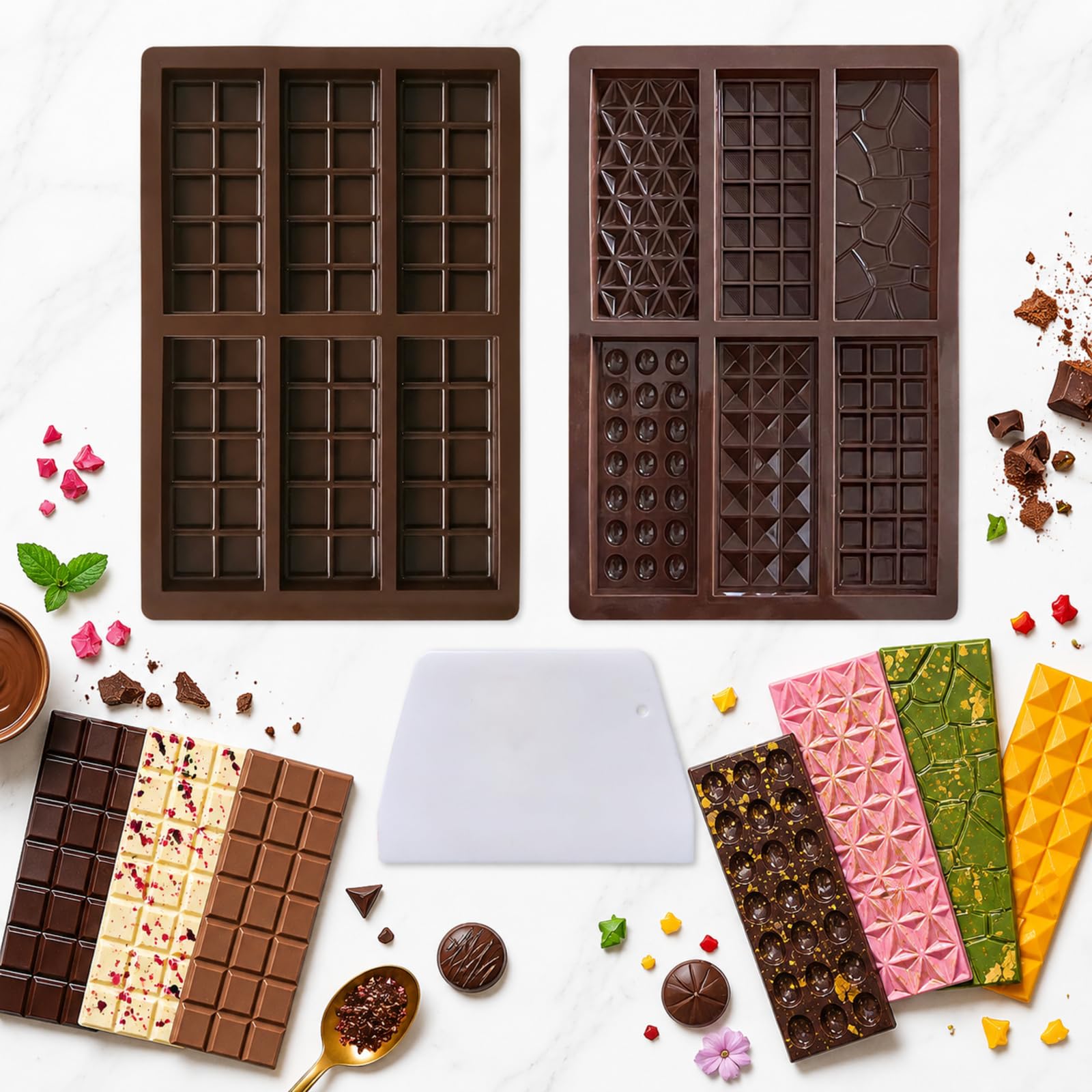 2 Pack Chocolate Moulds, Silicone Chocolate Bar Moulds with Scraper, Non-Stick, Reusable, Easy to Release, 7 Designs DIY Baking for Homemade Chocolate, Dessert, Party & Gift Making
