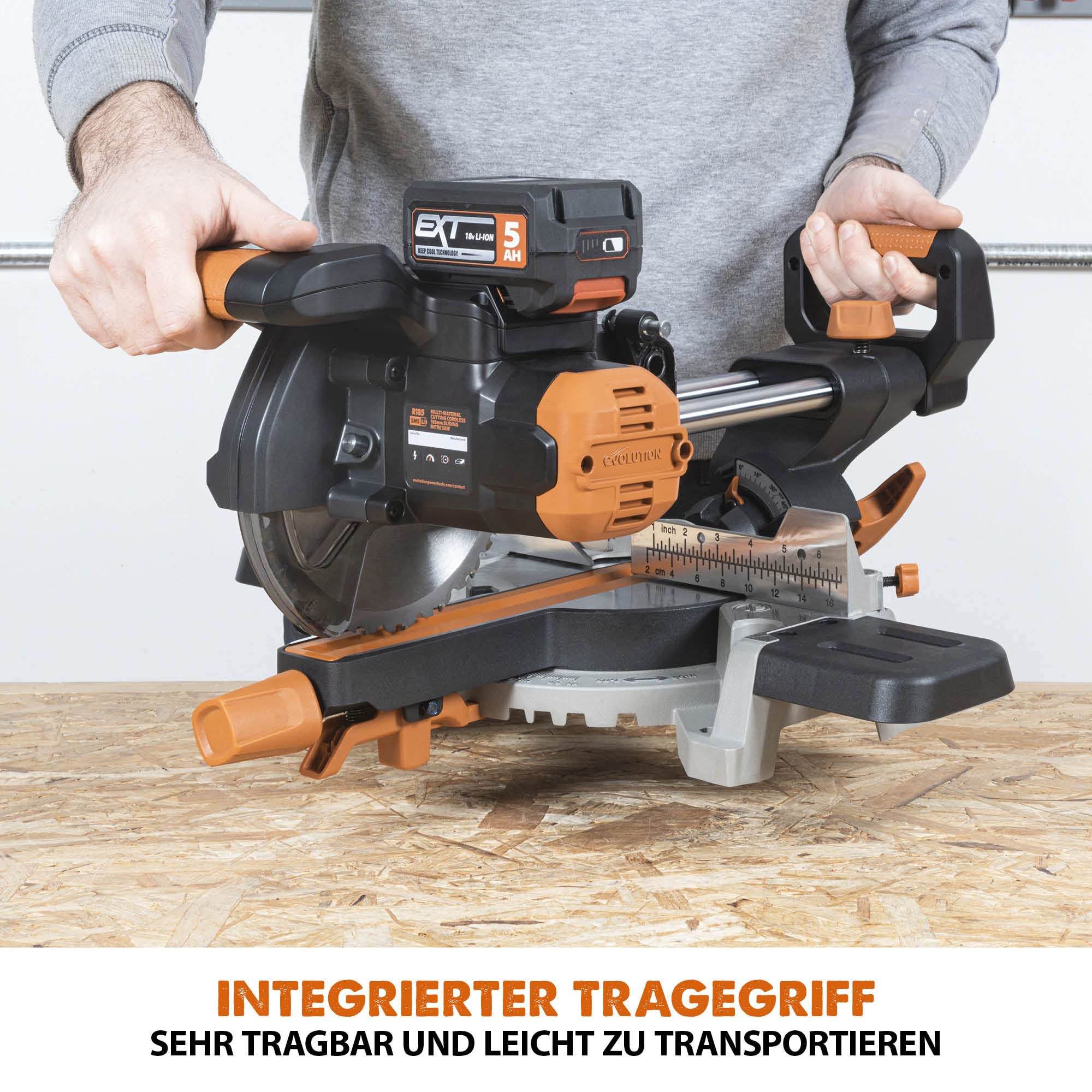 Evolution R185SMS-Li Akku-Gleitgehrungssäge mit Mehrzweck-Schneide, 45° Fasen-, 50° Gehrungsschnitte, 850 W – 4 Ah Akku & Ladegerät und 185 mm TCT-Sägeblatt im Lieferumfang enthalten, 3 Jahre Garantie